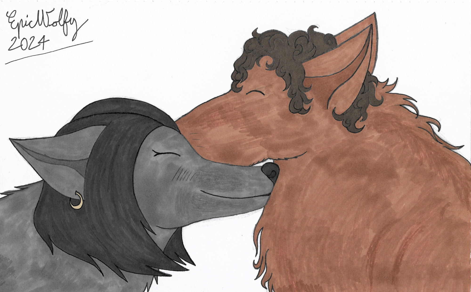 A traditional drawing of ink and Promarkers depicting Margot and Lucas from Goosebumps as wolves. They have their eyes closed and are tenderly nuzzling each other.