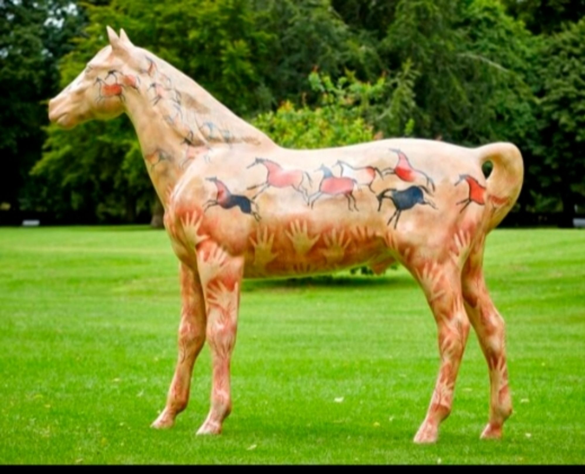 Photograph of a life size statue of a horse decorated with 'cave-painting' style images of horses