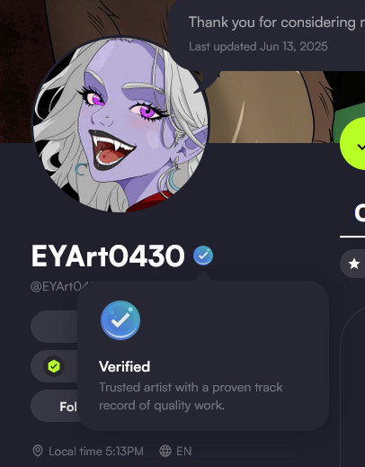A picture of Eyart's vgen page showing verification. 
