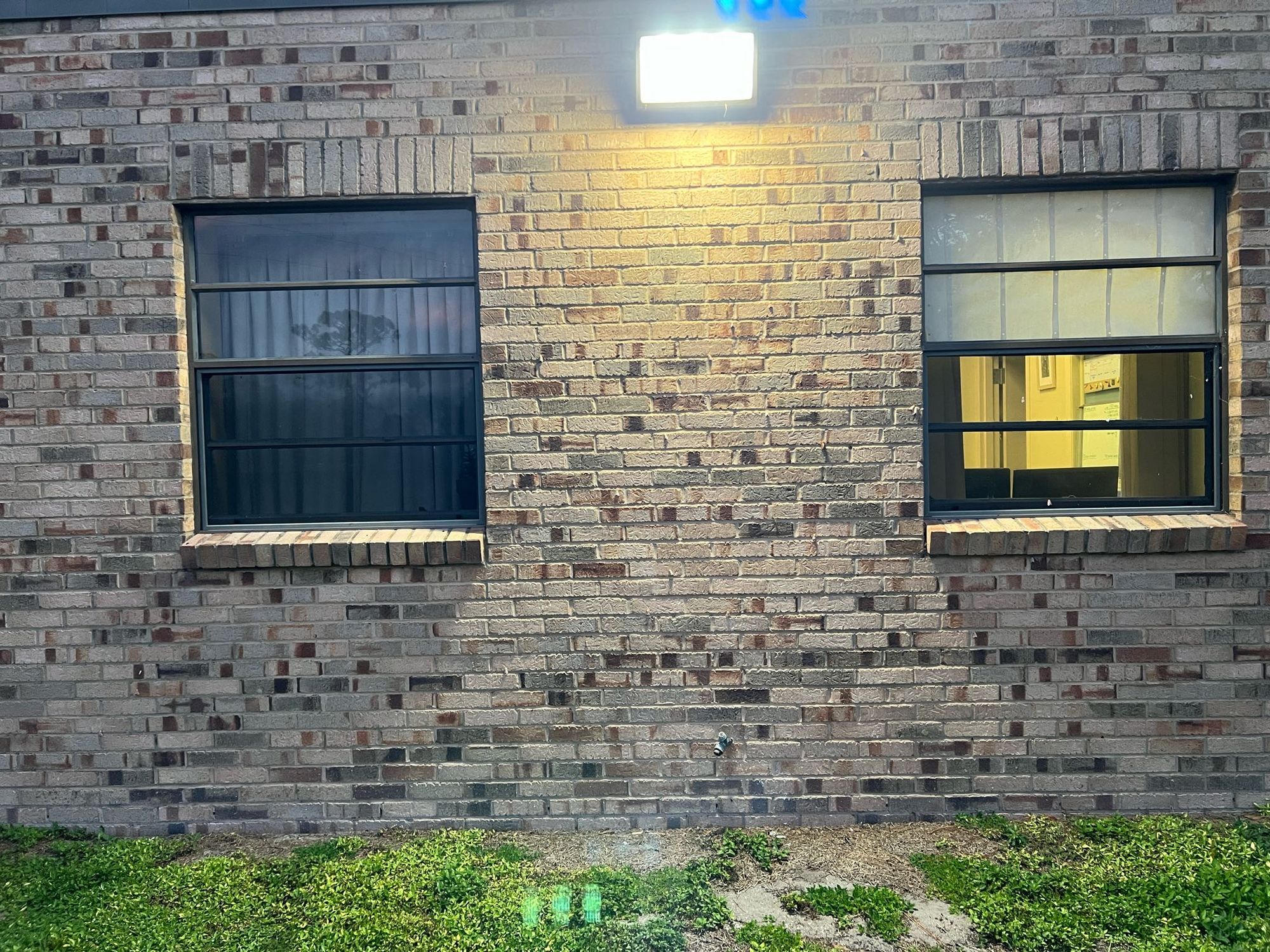 Photo of a pale brick office building with two windows near the center of the image and a bright white light glowing at the top of the wall (and image). Zooming in quite far will reveal numerous moths clinging to the side of the building.