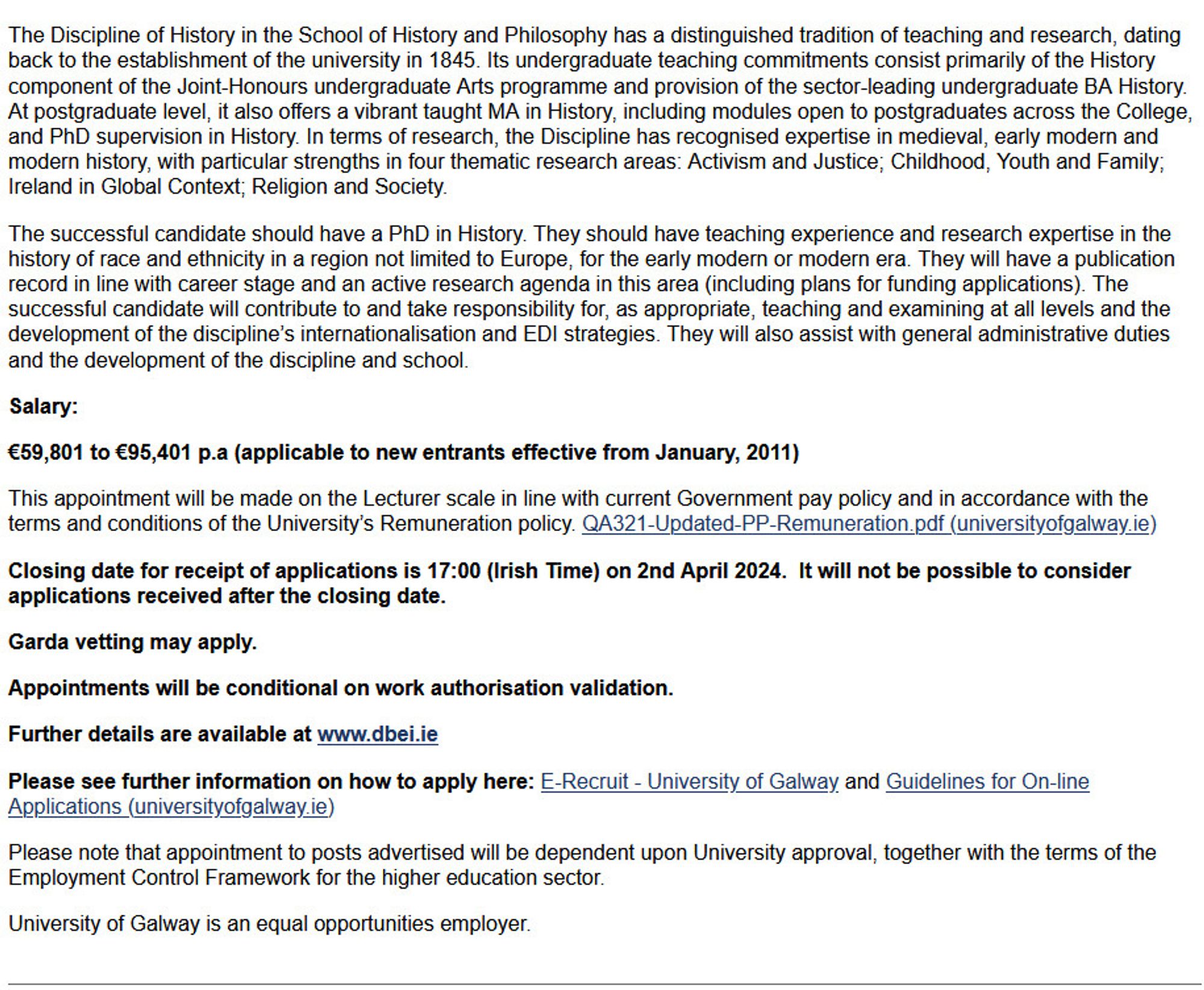 Screenshot of advertisement for the role of Lecturer in History (History of Race & Ethnicity). Full text here: https://www.jobs.ac.uk/job/DFX478/lecturer-in-history-history-of-race-and-ethnicity-contract-type-b