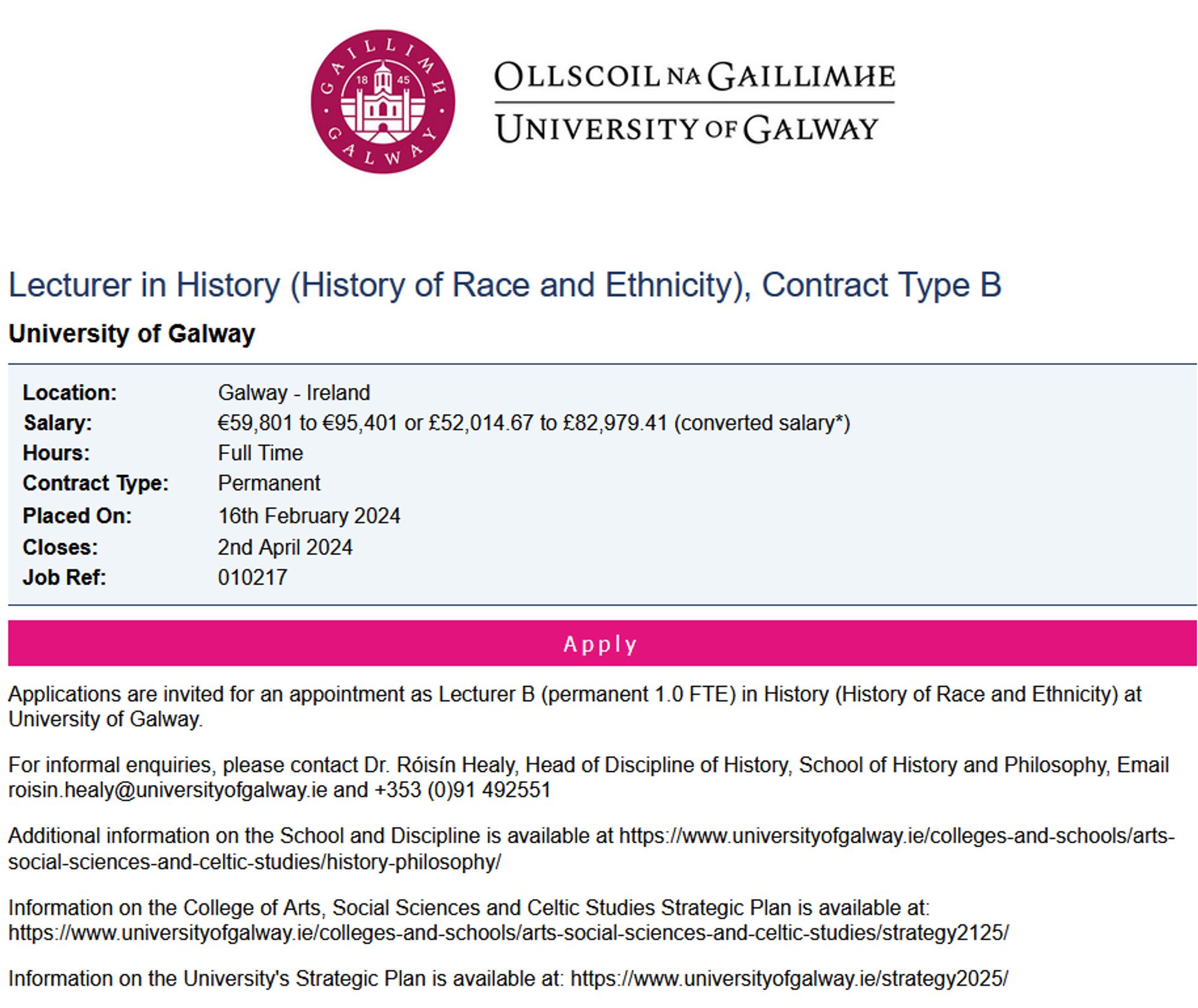 Screenshot of advertisement for the role of Lecturer in History (History of Race & Ethnicity). Full text here: https://www.jobs.ac.uk/job/DFX478/lecturer-in-history-history-of-race-and-ethnicity-contract-type-b