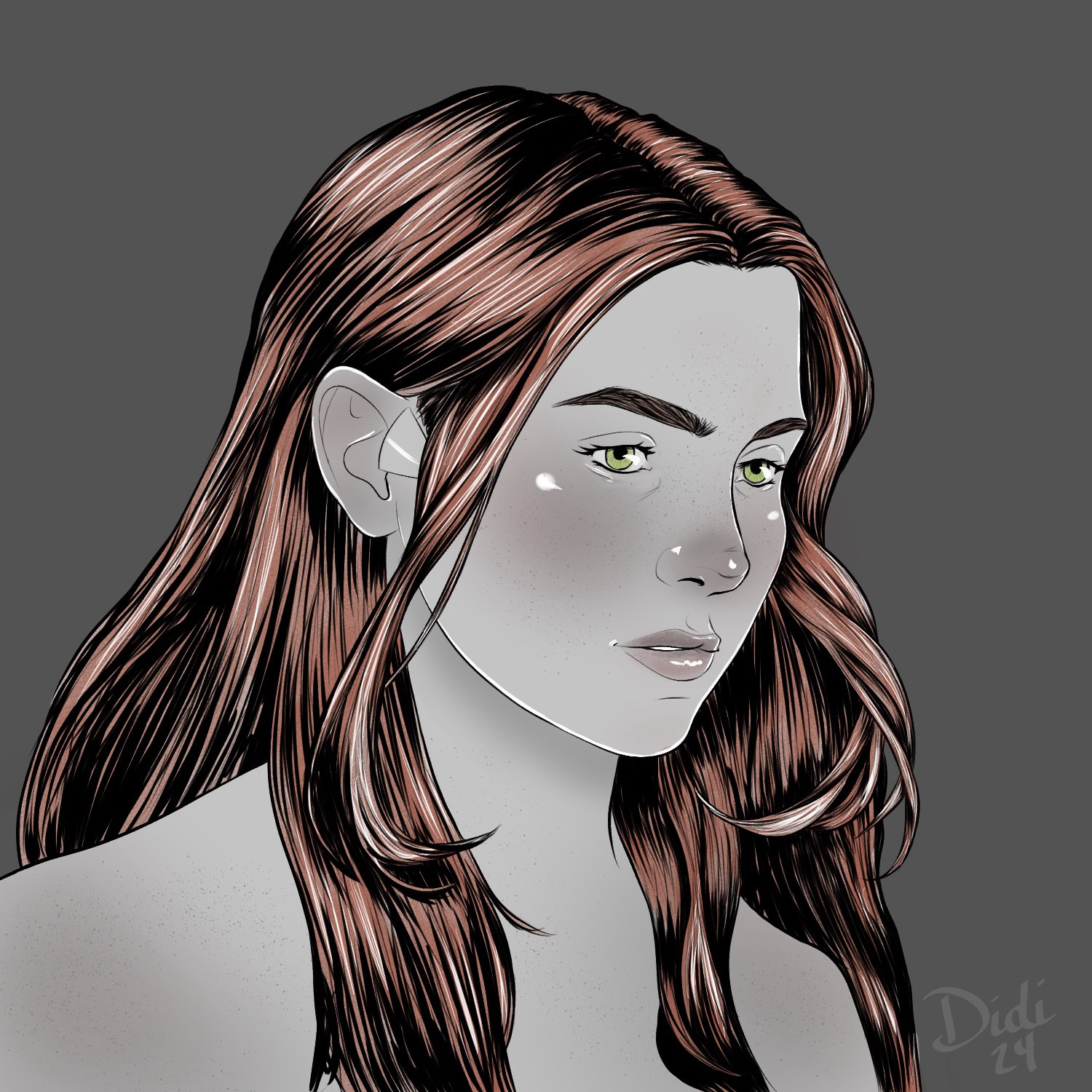 a digital painting of Aloy from the Horizon series. Black and white with muted red for hair and muted green eyes. Her hair is down from its usual rolls and falls over her shoulders. She looks pensive as she stares at her partner off-screen in a moment of vulnerability. 