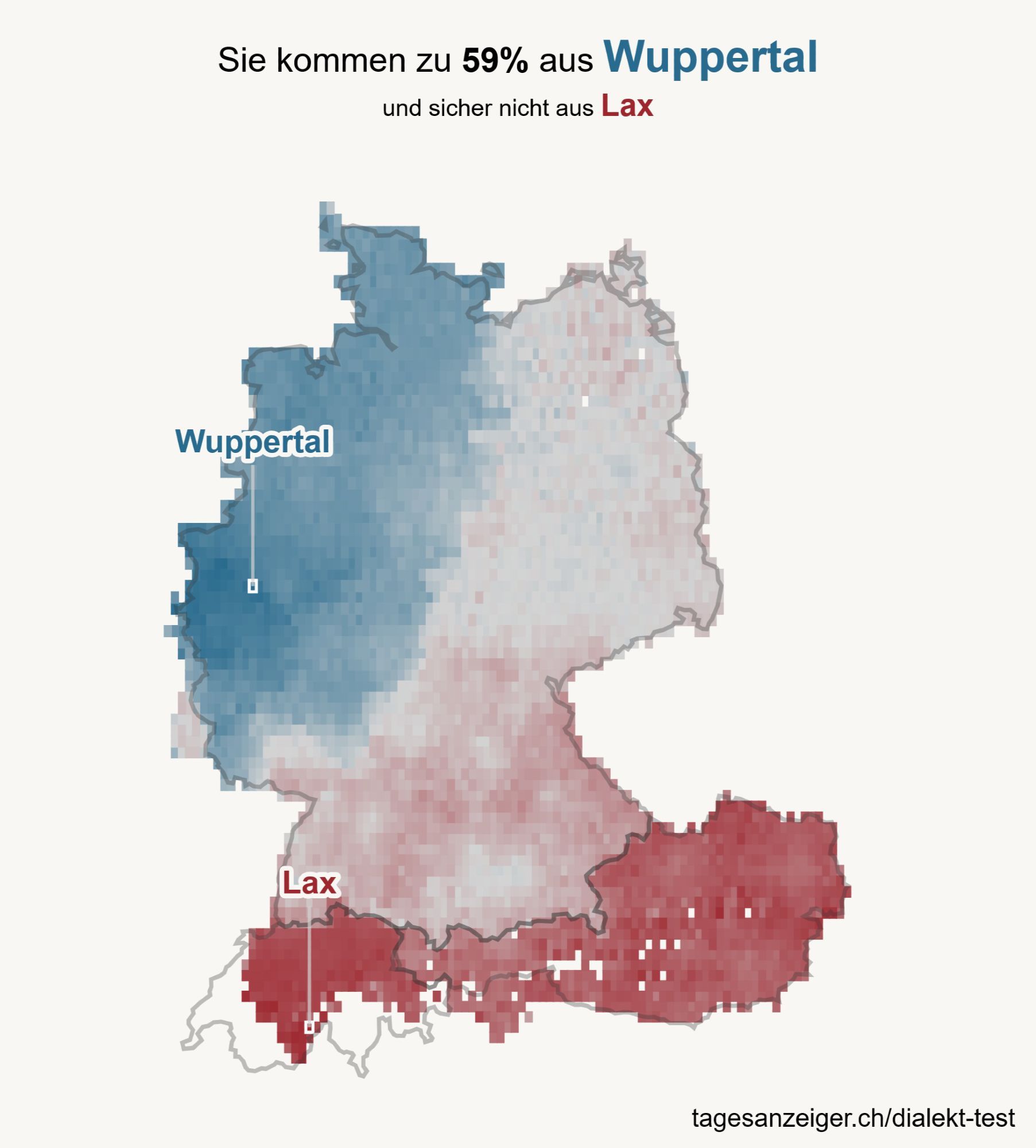 DACH-Karte mit Überschrift: Sie kommen zu 59% aus Wuppertal
und sicher nicht aus Lax. Markiert sind Wuppertal in blau und Lax in der Schweiz in rot.