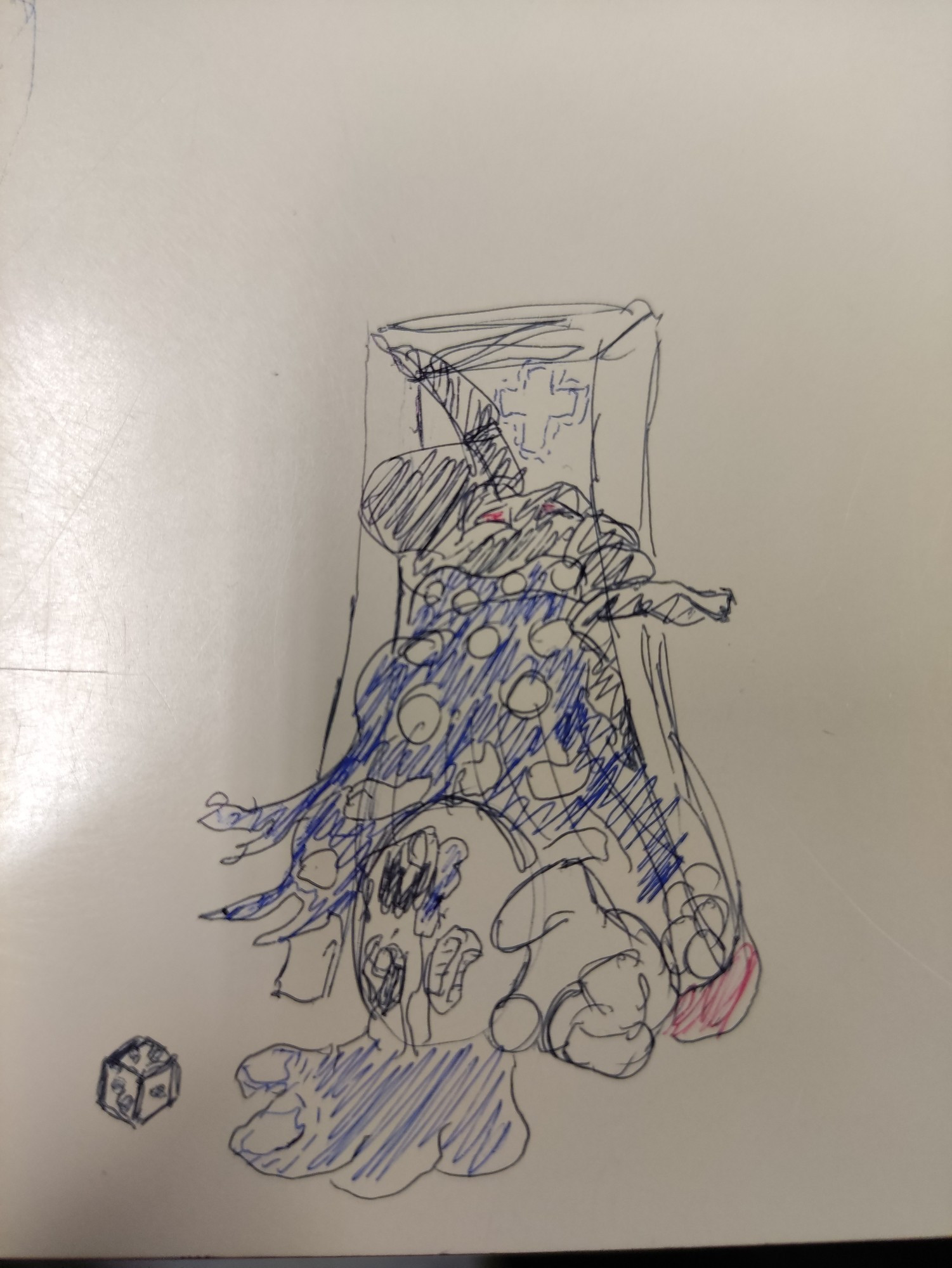 Drawing made with pen (blue, red and black) on a highschool table. It shows Isaac, from the game binding of Isaac, with her Mother behind.