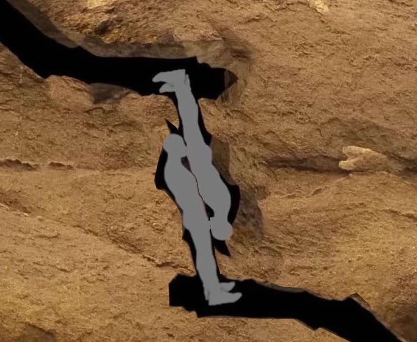 An diagram of the man who got stuck in the Nutty Putty cave system, altered so that it looks like two men 69ing while also stuck in the cave system