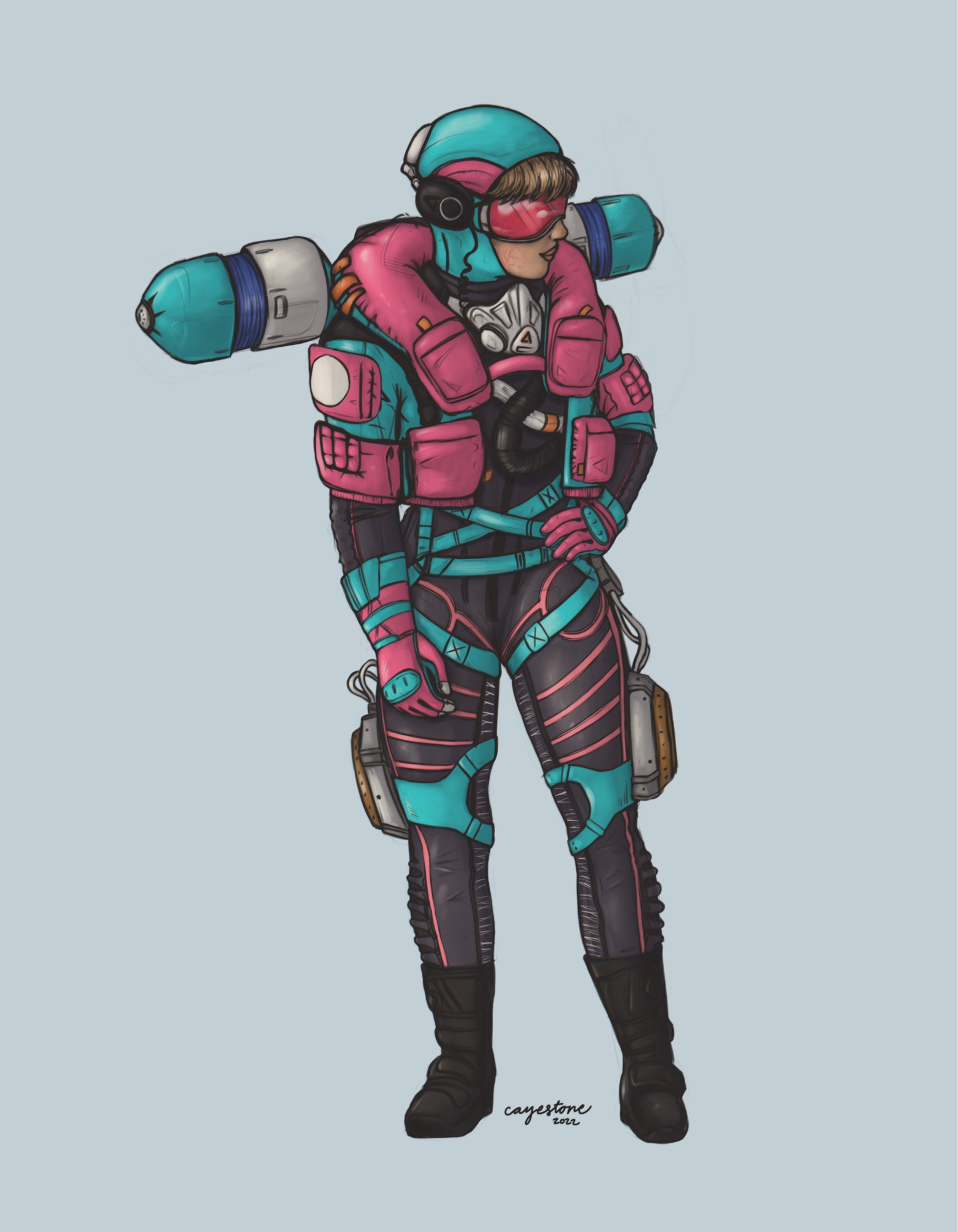 wattson from apex legends in her vaporwave skin. looking to the right with one hand on her hip