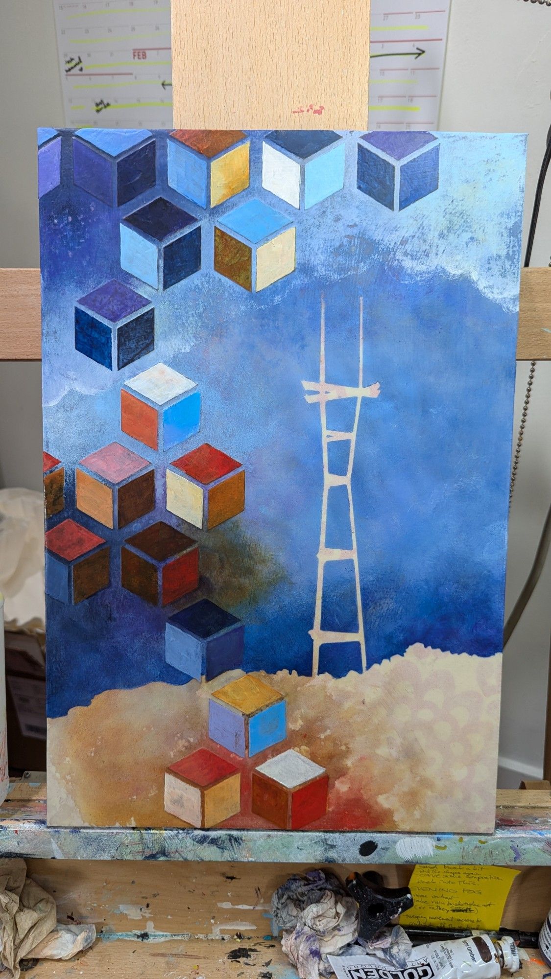 An unfinished painting featuring a silhouette of Sutton Tower and a colorful abstract geometric pattern.