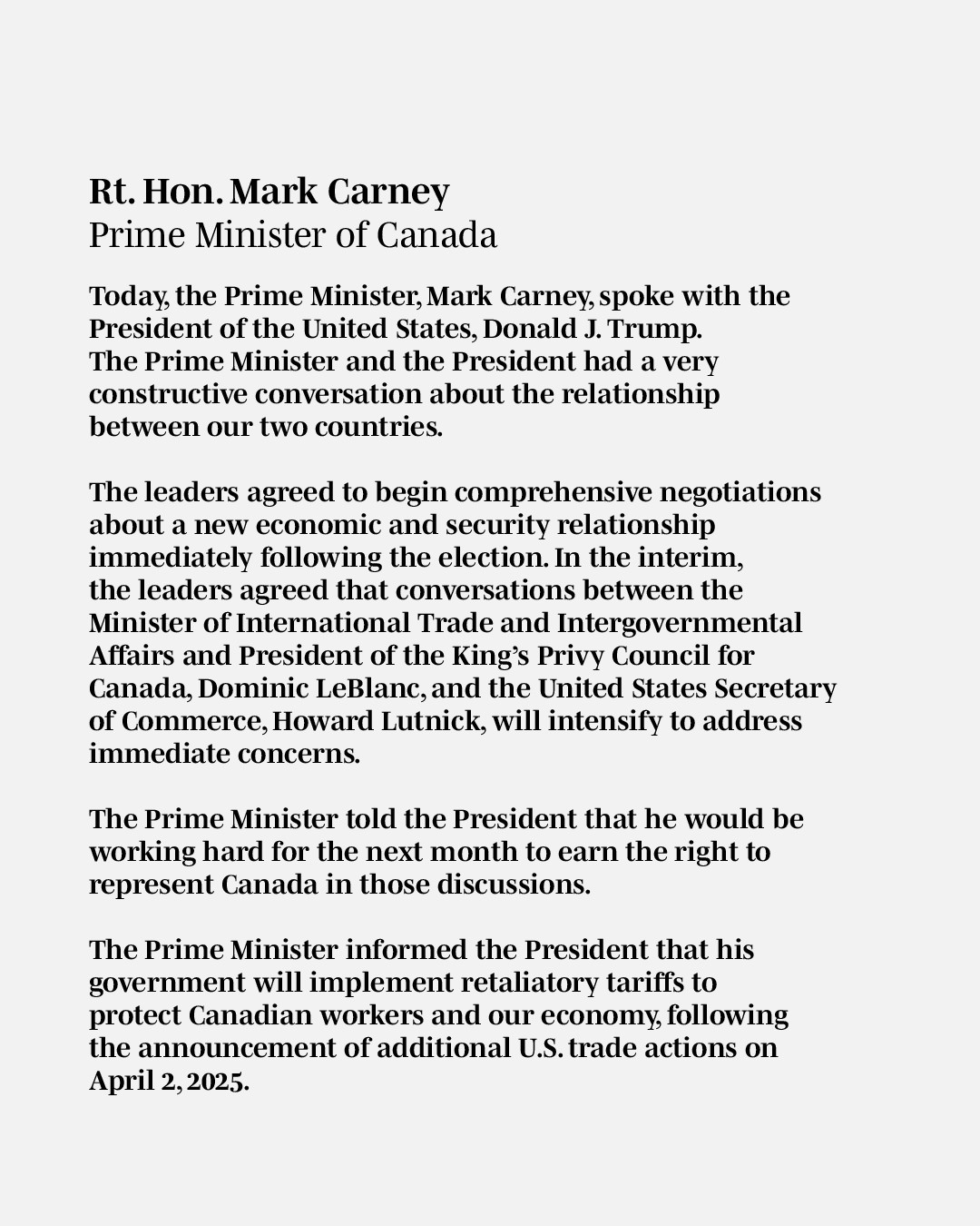 Readout of Prime Minister Mark Carney's call with President Trump.