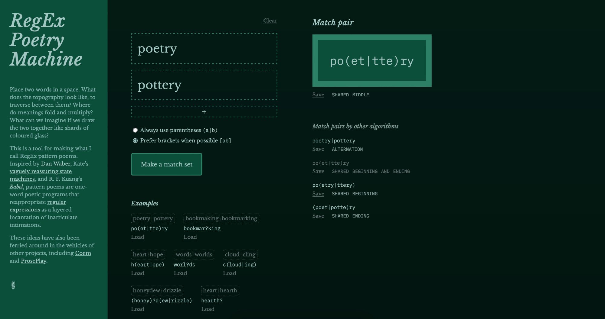 Screenshot of RegEx Poetry Machine, showing how the words "poetry" and "pottery" come together to form the RegEx pattern "po(et|tte)ry".