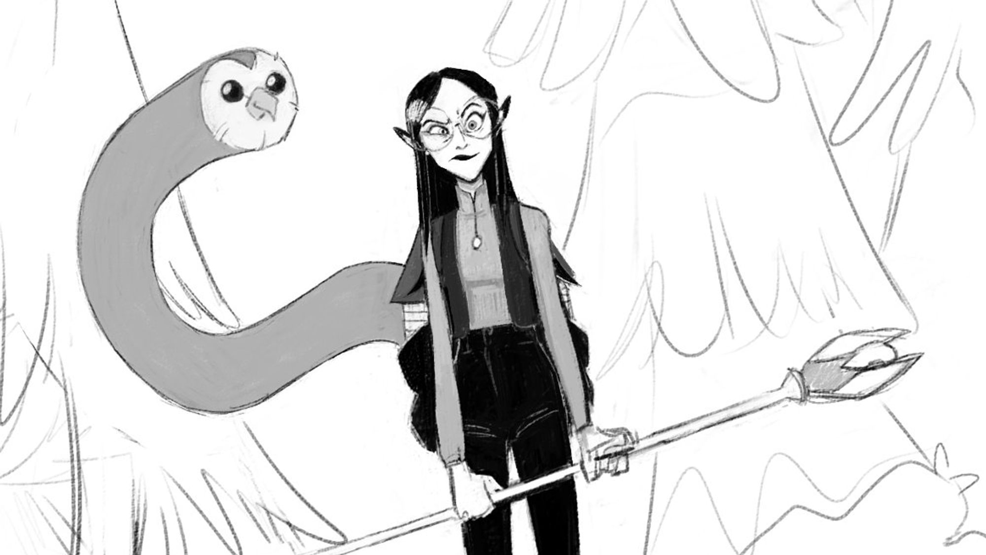 a black and white sketch of lilith holding her staff down by her thighs, hooty snakes out of her backpack. she looks confused and perplexed.