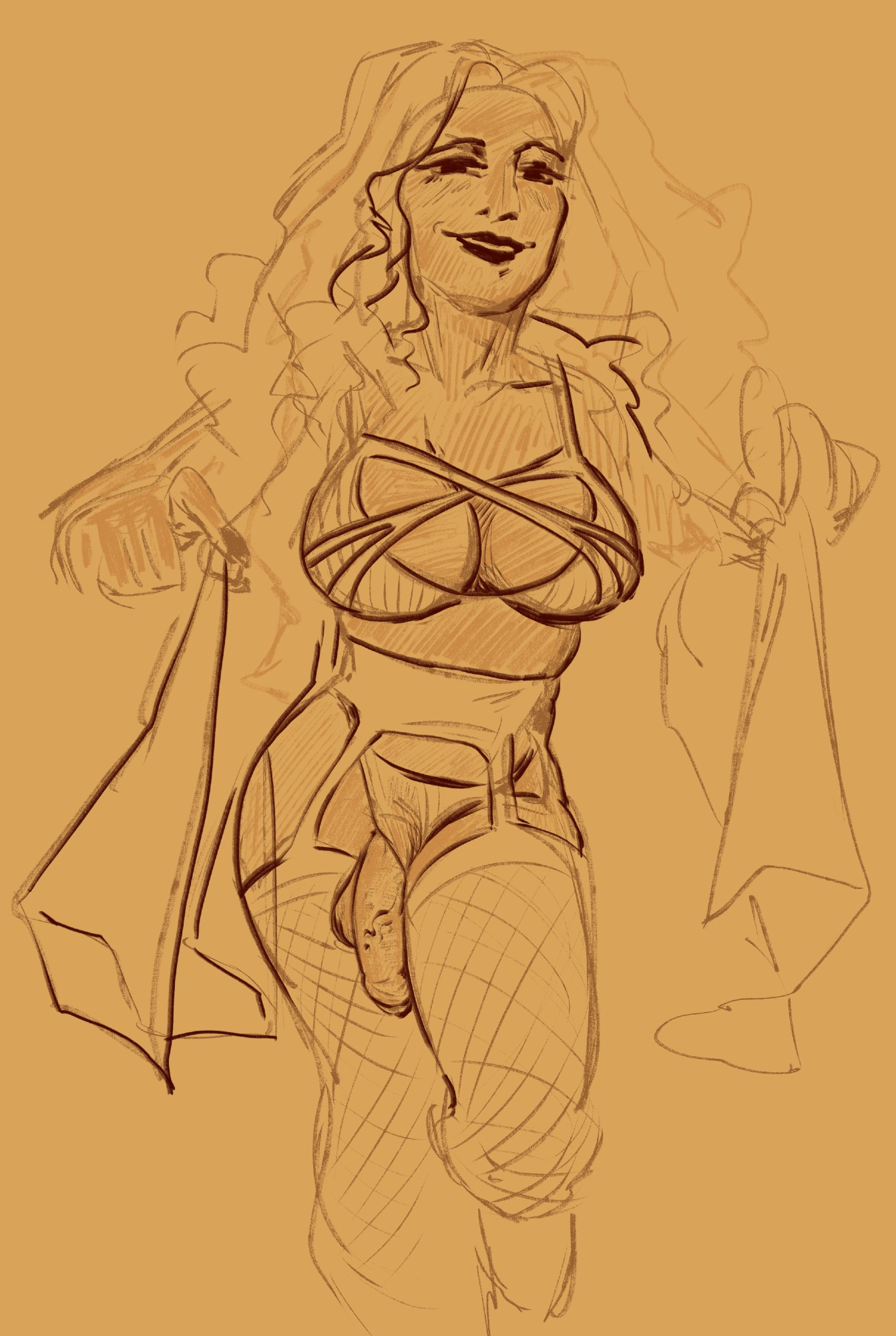 a slightly older version of my Sorcha character, with larger breasts in a fashionable strappy top. She's wearing lingerie underneath a sheer coat that she is parting, and she has her thickly erect penis pulled out to drape along her thigh as she poses coquettishly.