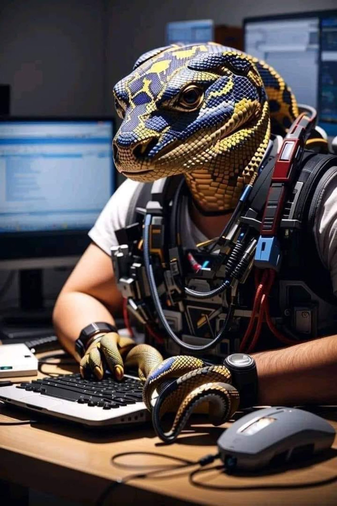 AI generated image of a python programmer, a man with python head and hands programming on an outworldy keyboard and military vest.