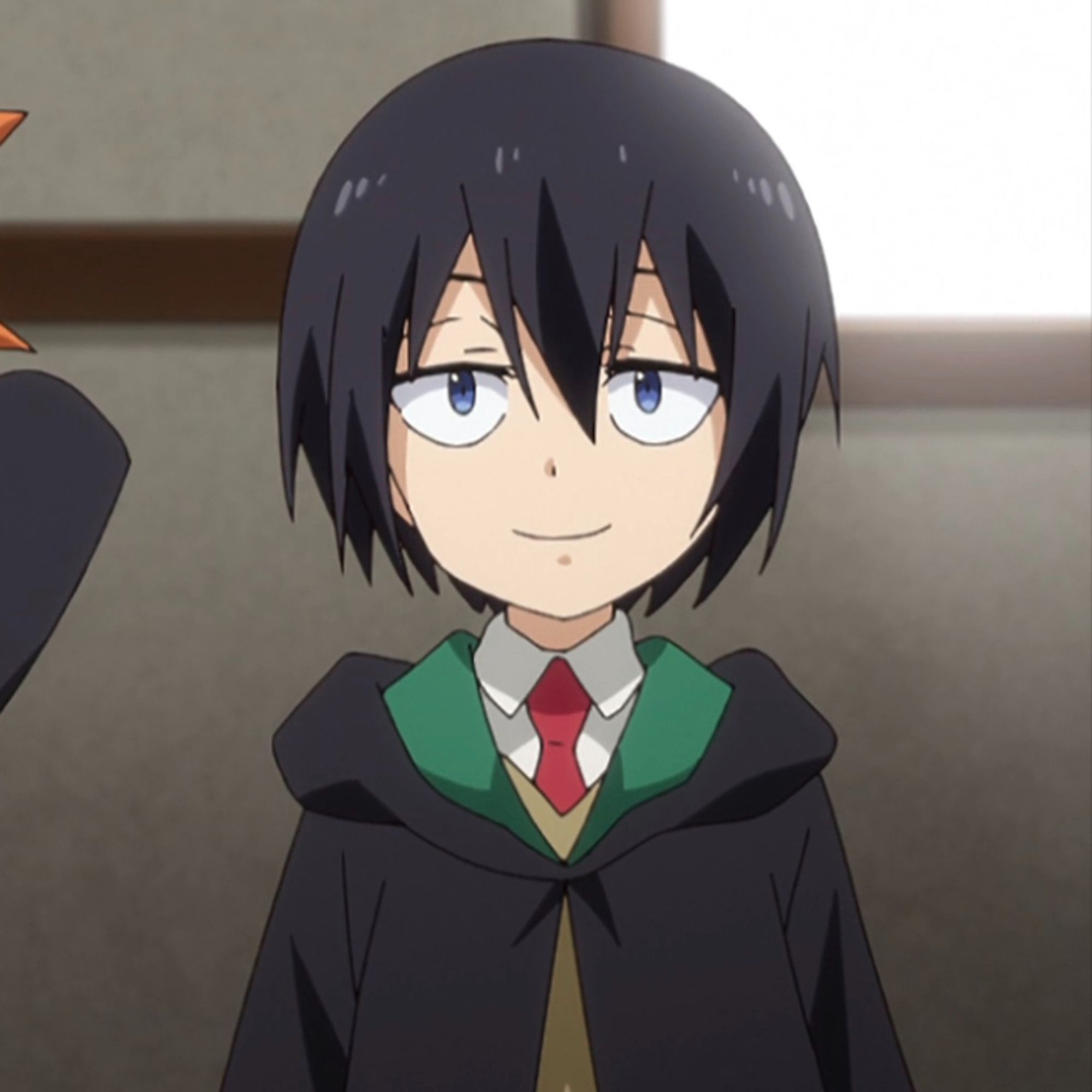 Screencap: Ryota from That Time I Got Reincarnated as a Slime. A young boy with chin-length black hair and sleepy eyes smiles at the camera.