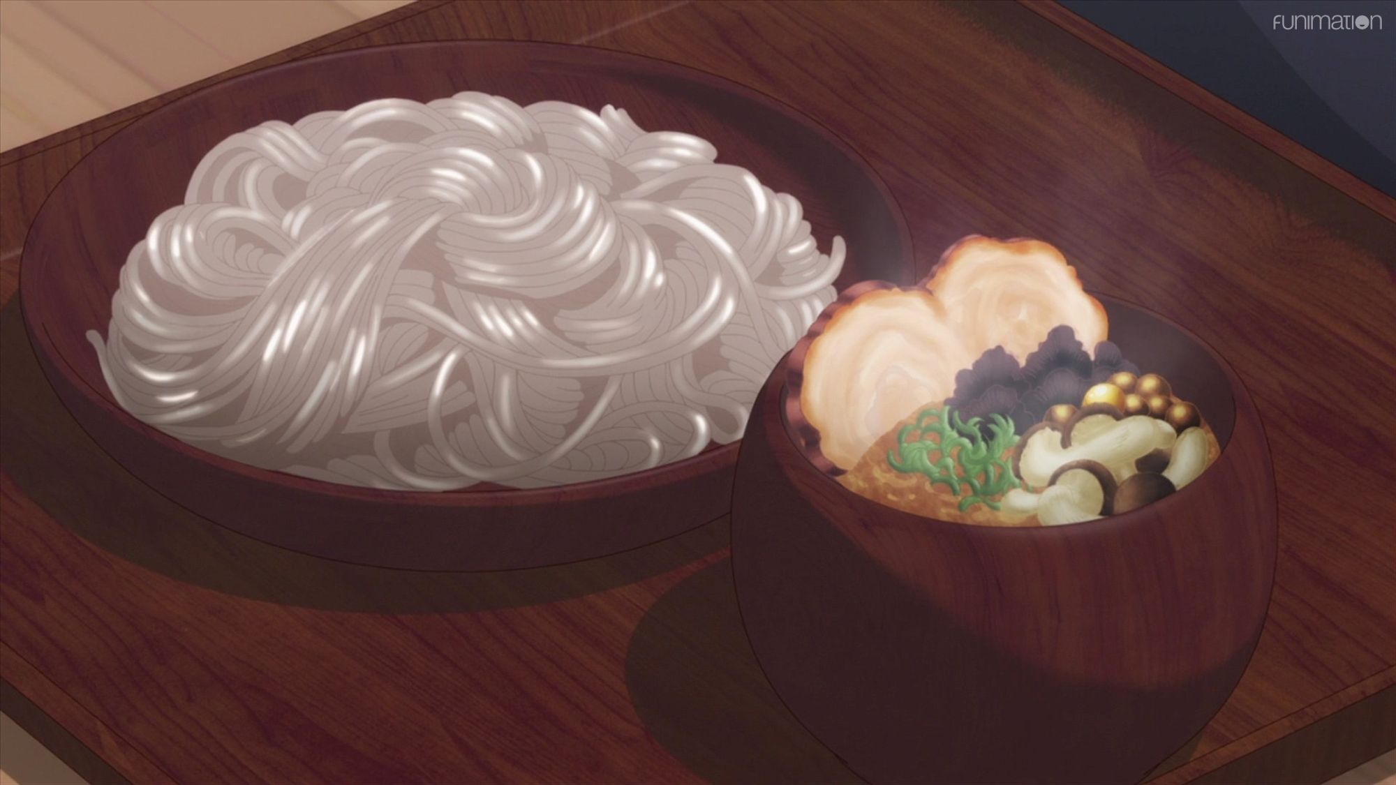 Anime screencap from Assassination Classroom: A bowl of acorn noodles with a side of soup, mushrooms, and other trimmings.