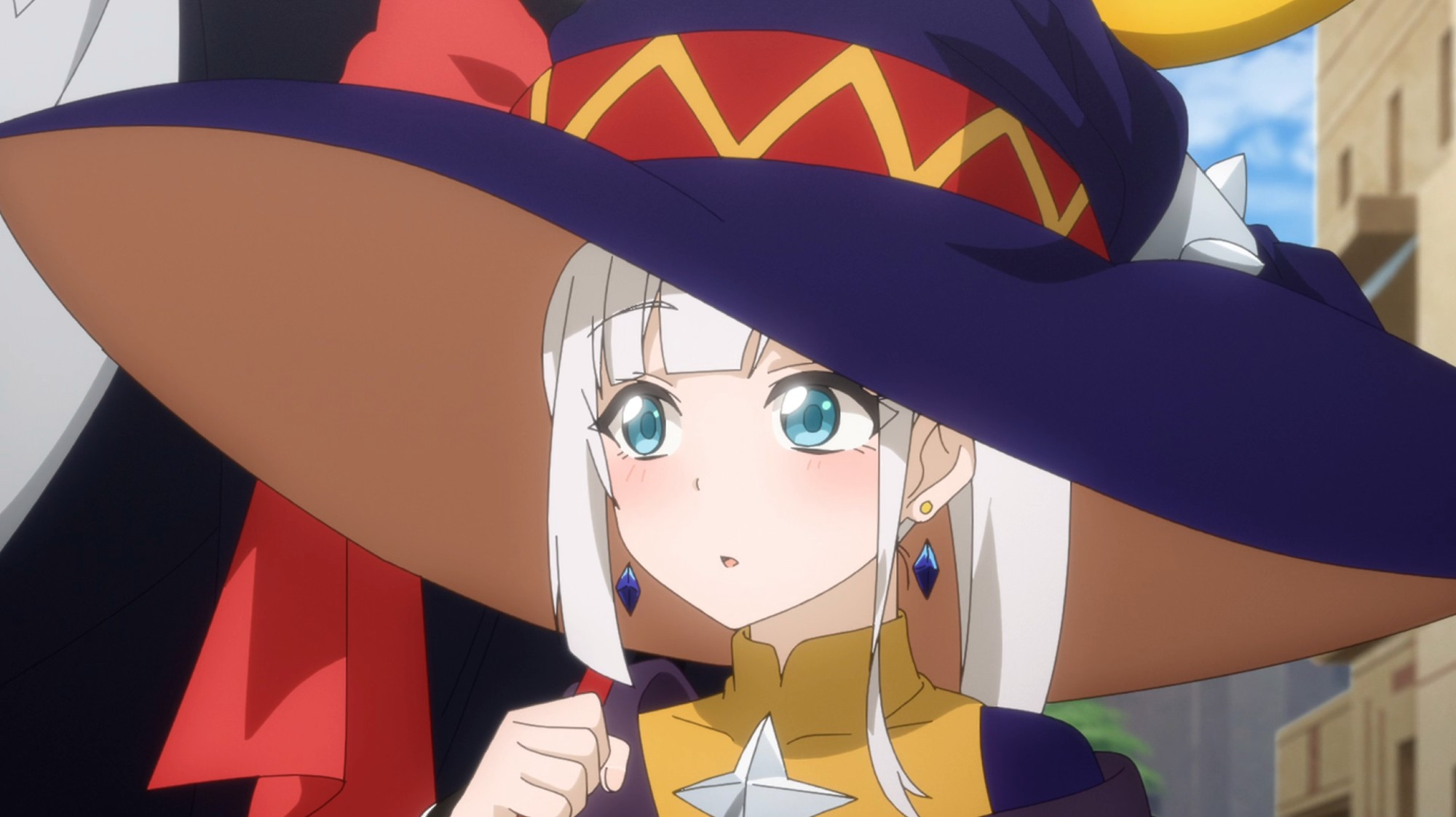 Anime screencap: Yukikaze from Demon Lord Retry R. A teen boy with feminine features and a wide-brimmed witch's hat stares off screen with concern.