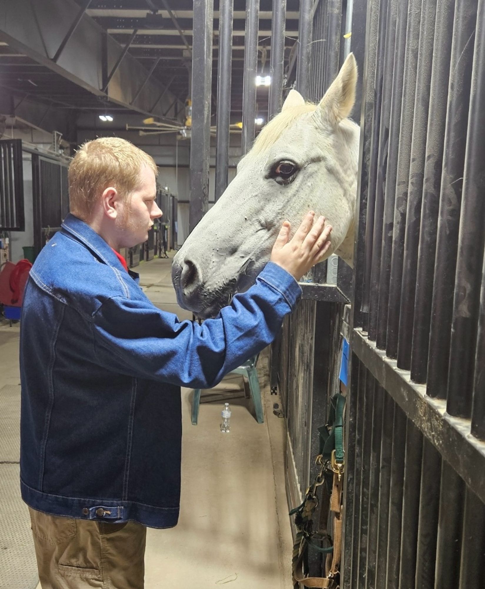 Photo of a Special Olympics North Carolina athlete (Jacob Huffman) wearing a denim jacket while petting a horse at the 2024 Special Olympics North Carolina Equestrian Tournament