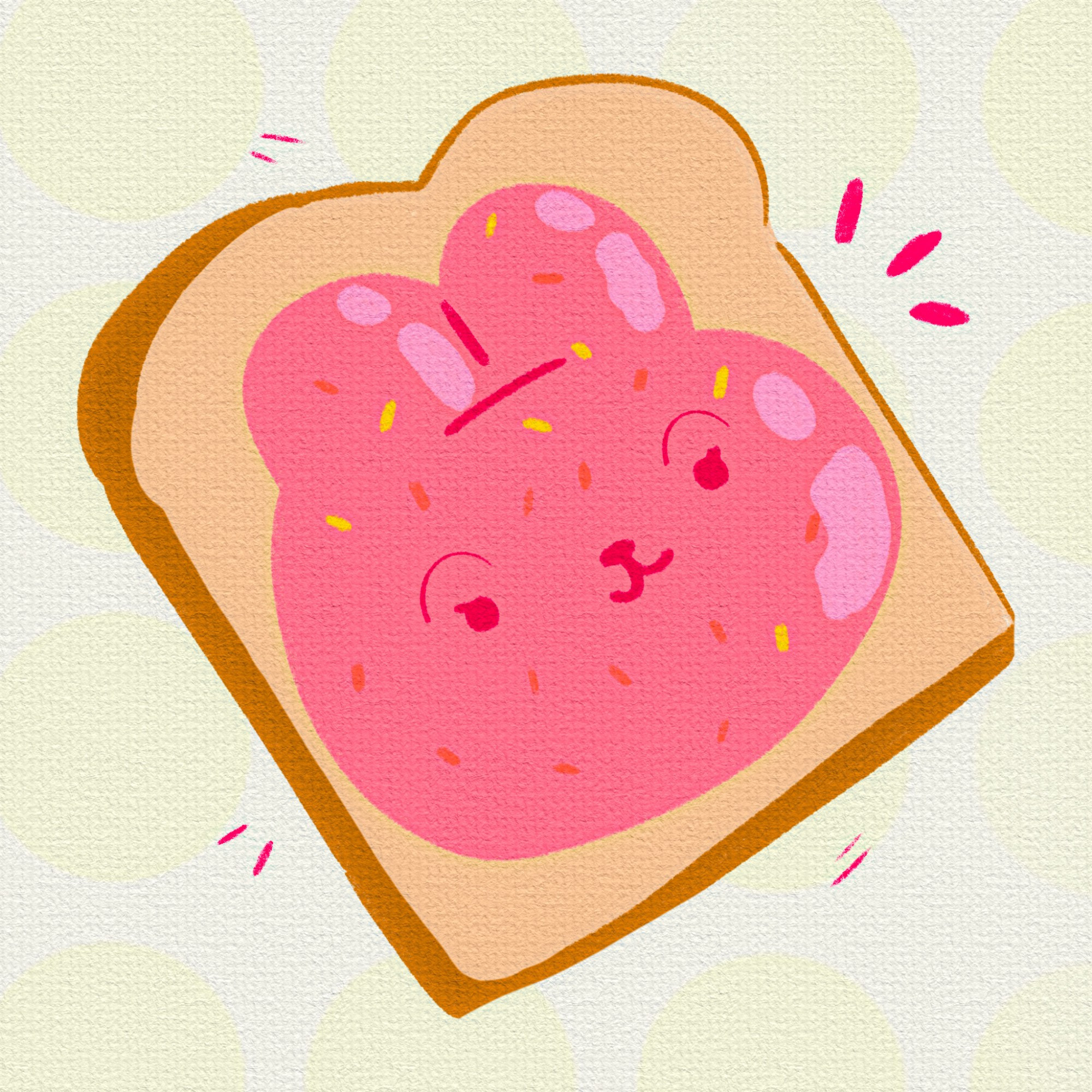 A stylized illustration of a piece of bread/toast with a bunny shaped spread of strawberry jam on top.