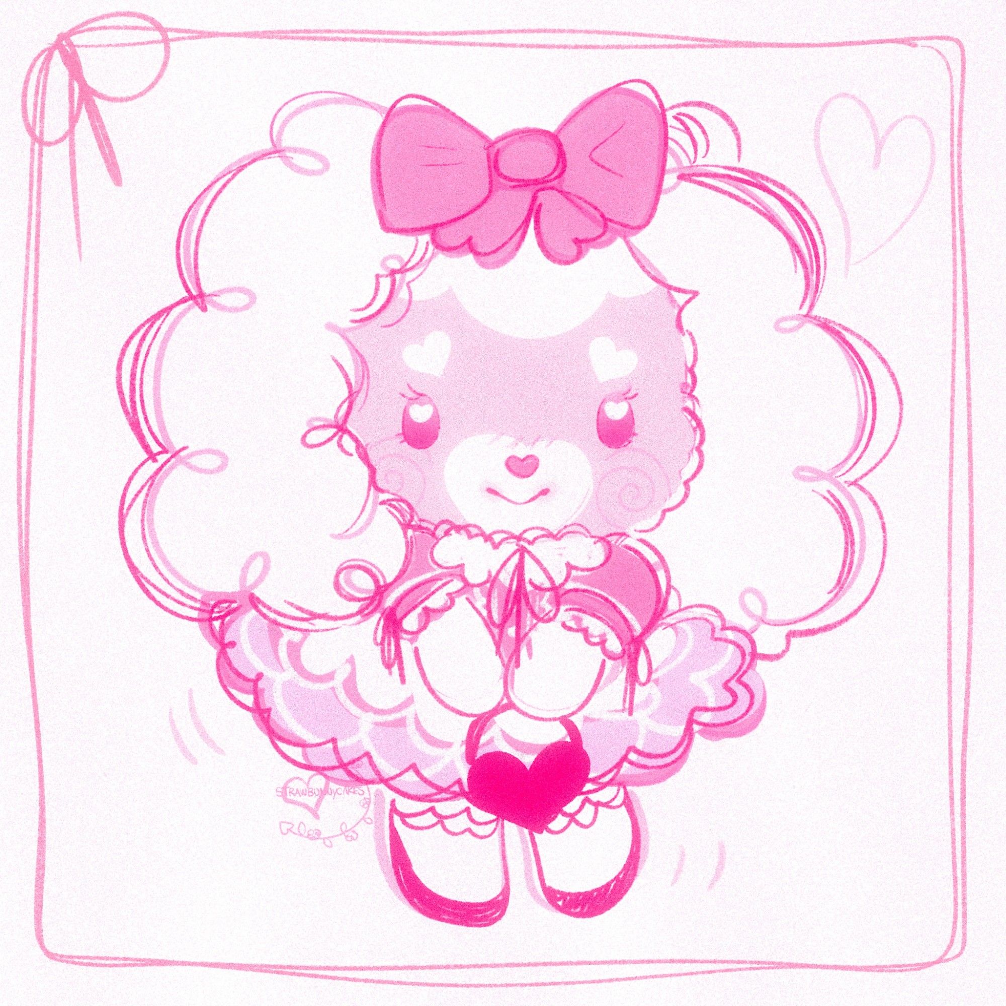 A stylized illustration of a bipedal bunny character with big, fluffy white ears. She's wearing a big pink bow on the top of her head that matches her puffy pink and white dress that she's wearing as well.