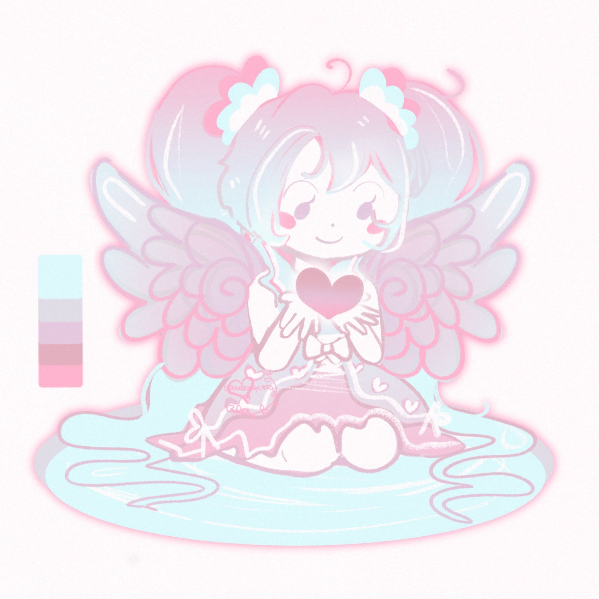 A limited color palette stylized/
simplistic cartoony digital art
illustration of the Vocaloid character,
Hatsune Miku. She's kneeling in a
small pool of water with huge angel
wings and a muted pink and blue
dress. She's holding up a glowing pink
heart in her hands gracefully.