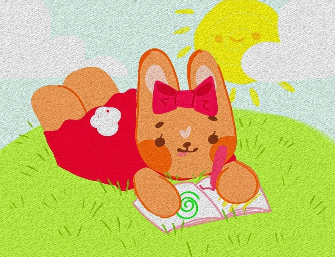 A stylized illustration of an orange
rabbit on a green hill coloring in a
coloring book