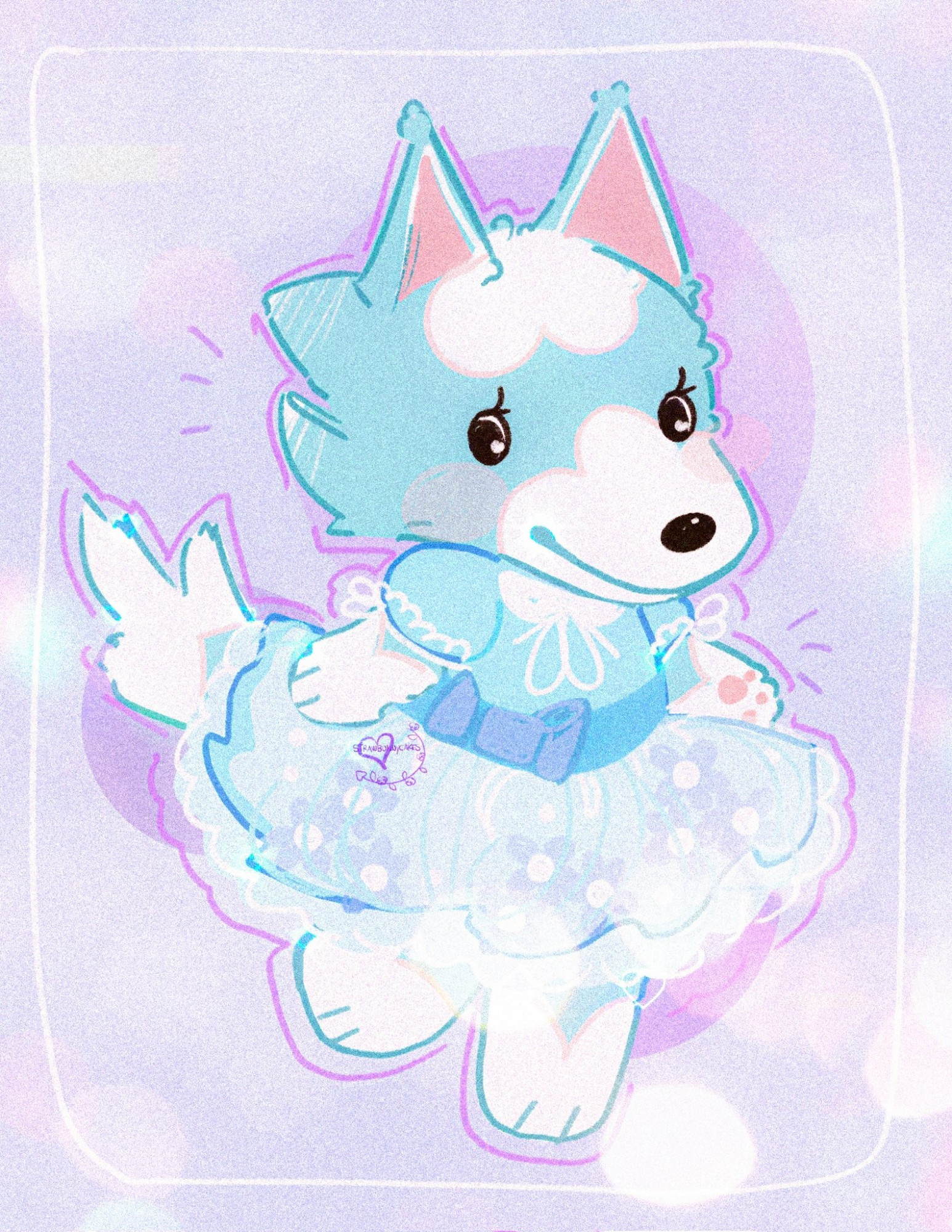 A stylized illustration of the bipedal
blue and white cloud-themed wolf
villager character from Animal
Crossing, Skye. She's wearing a blue
dress with transparent material on
the bottom, to show through to light
purple flowers.