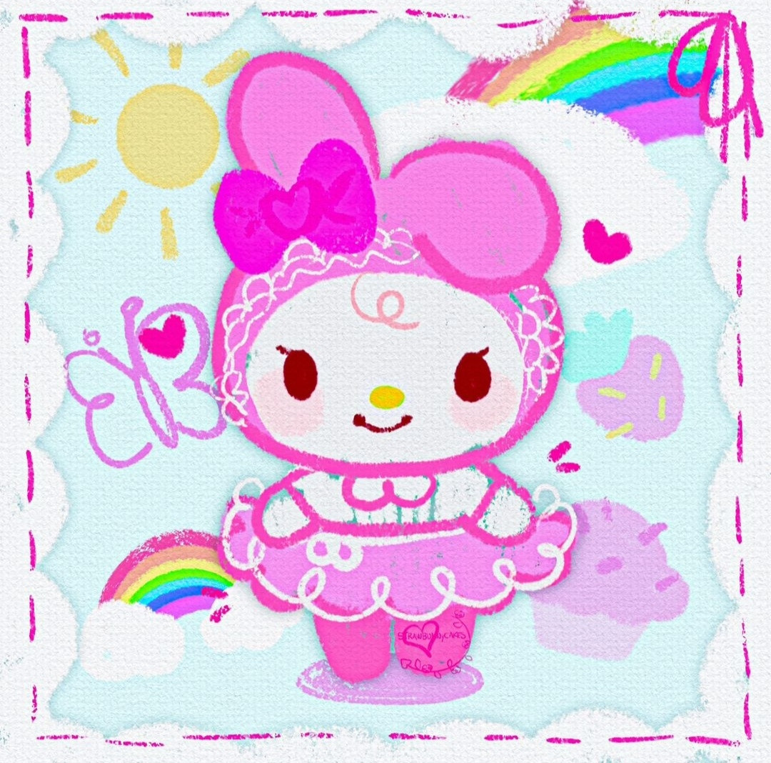 a doodle with a crayon style to it of My Melody, the white fur pink hood wearing Sanrio bunny character in a pink dress with a white blouse surrounded by rainbows, a butterfly, a strawberry, and a cupcake.