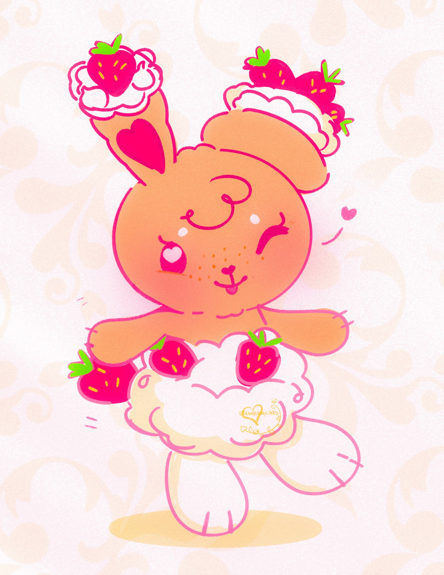 a stylized illustration of the bunny
Pokemon, Buneary, in a different, originally designed "strawberry shortcake" theme. the bunny has
one ear up and one squished down
with fluffy white icing and strawberries on the ends, with the same fluffy white icing and strawberry combo patterning on its feet and torso. the main body for the bunny Pokemon is a light brown. its
smiling while seemingly dancing.