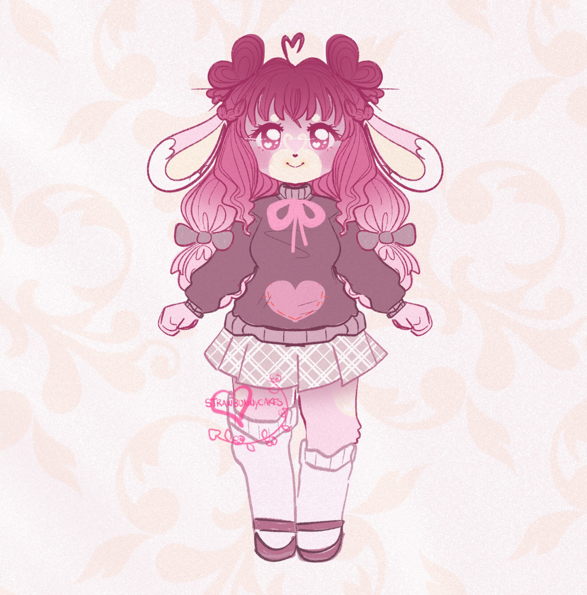 A stylized illustration of a bipedal anthropomorphic pink muted bunny character with gradient dark muted pink into light pink long wavy hair. Their ears are floppy to the sides of their face such as lop-bunny ears, and they have a brown oversized sweater, plaid light brown skirt, and white socks on. They have part of their hair in two twin buns in the shape of hearts, with part of their hair next to their bangs pulled back by braids.