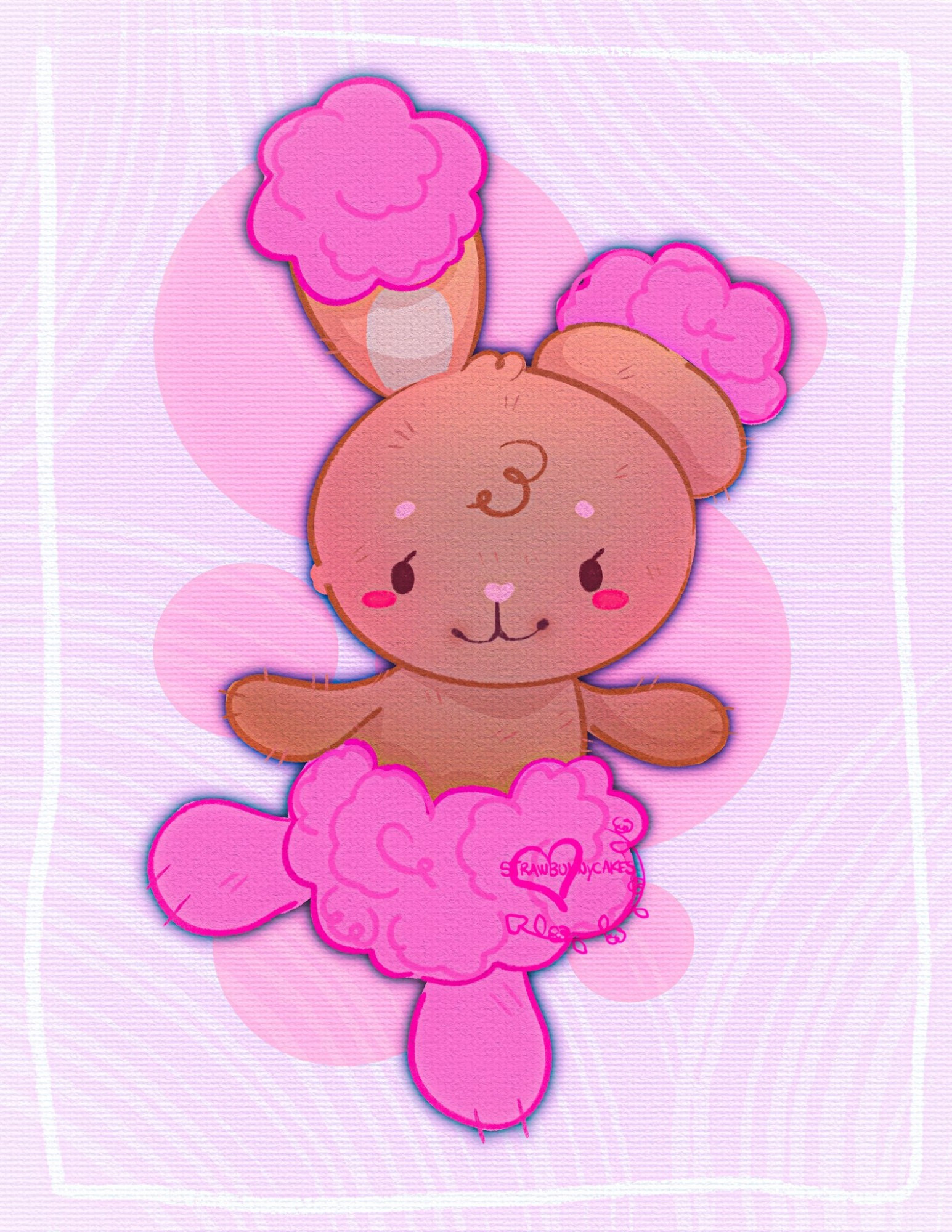 a stylized illustration of the bunny
Pokemon, Buneary, in its shiny form
(rare colored version). the bunny has
one ear up and one squished down
with fluffy pink fur on the ends, with
the same fluffy pink patterning on its
feet and torso. the main body for the
bunny Pokemon is a light brown. its
smiling while seemingly dancing.