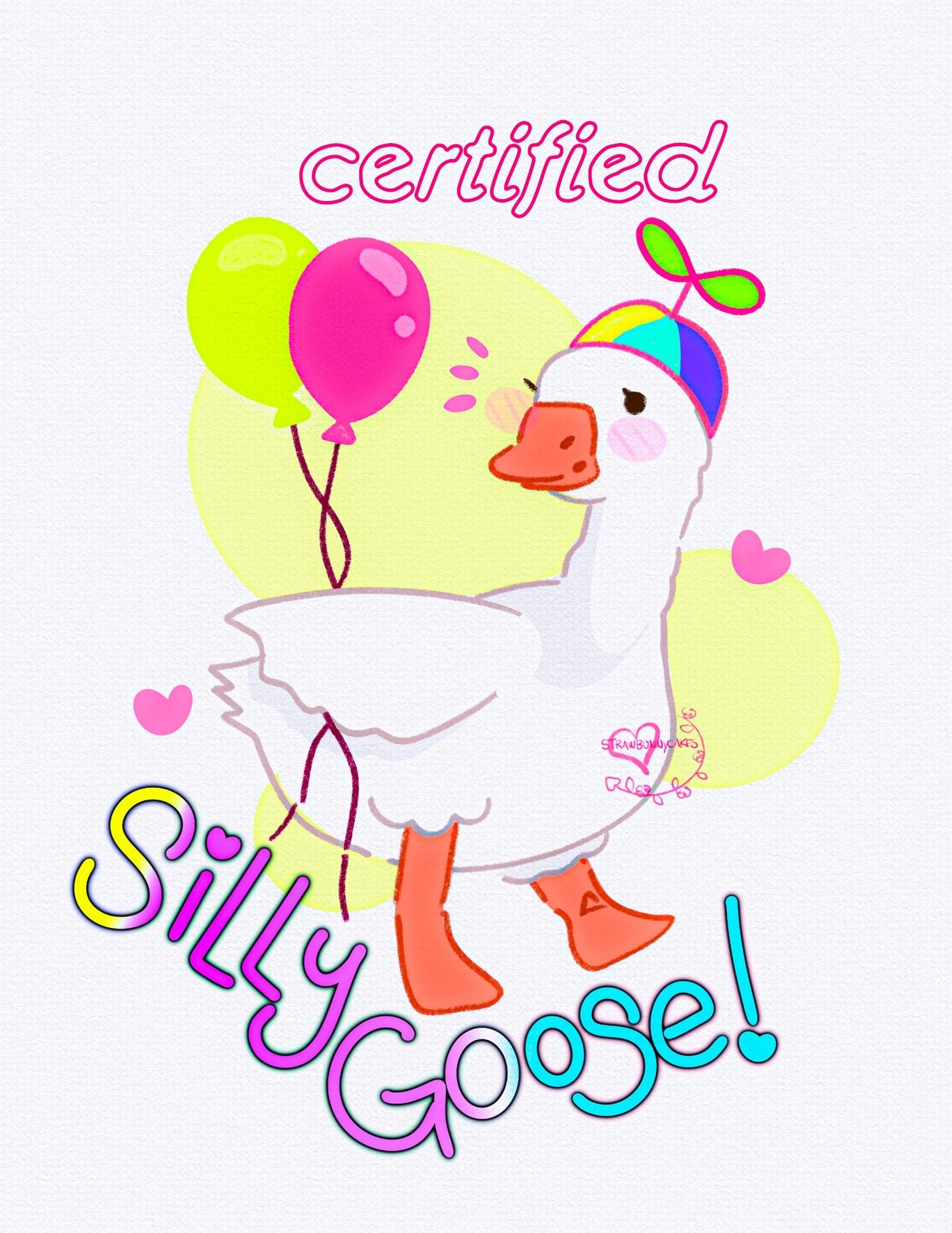 A stylized illustration of a white goose with an orange beak and legs. The goose is wearing a spinning hat with various bright colors, as well as holding pink and neon yellow balloons in it's wing. Text around the illustration reads, "certified silly goose!".