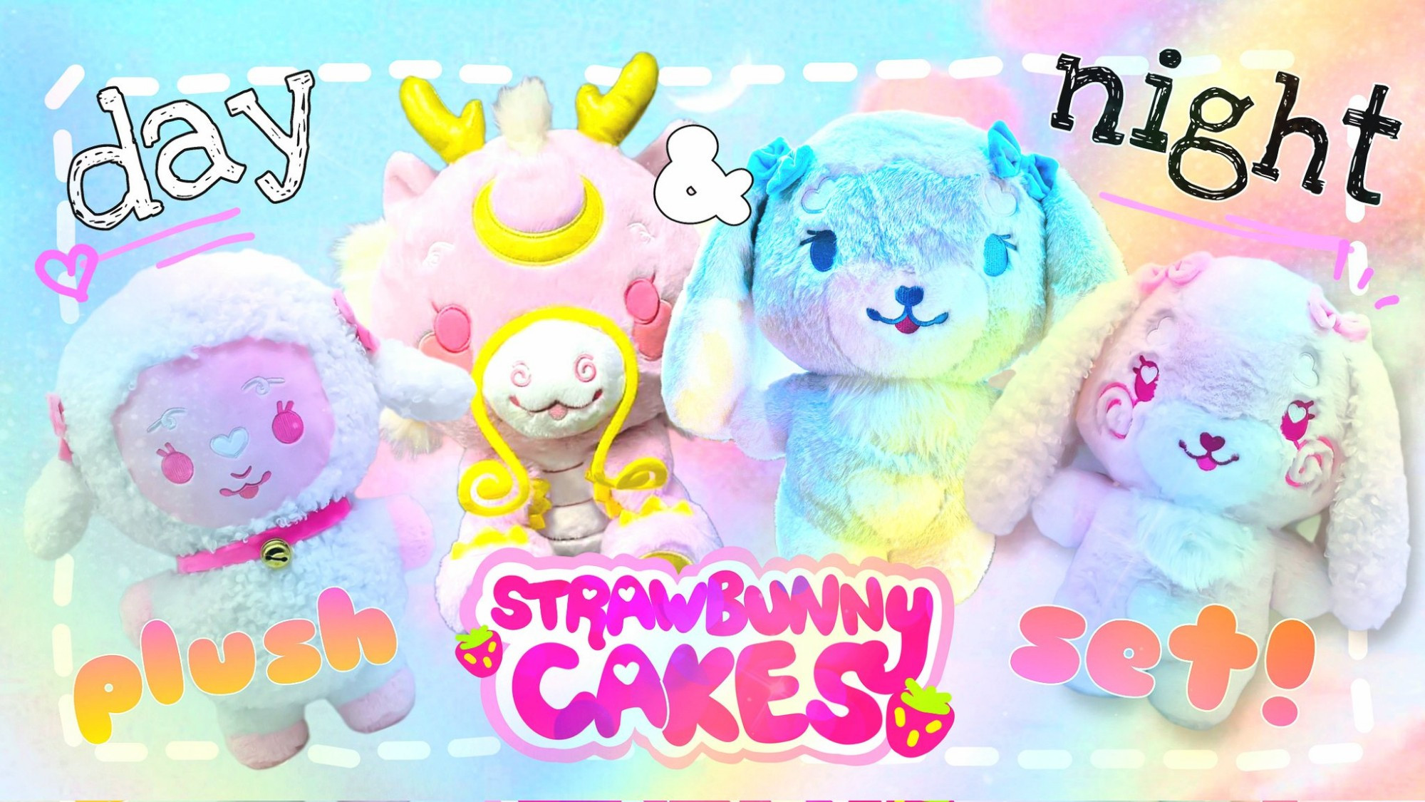 A graphic showing 4 different bipedal
stylized animal character plushies
in a row, next to each other (a white
and pink lamb, a pink and gold
Chinese-style dragon, a mostly blue
and white lop bunny, and a pink and
white lop-bunny). Text reads, "day &
night plushie set!" with a pink logo
reading "StrawbunnyCakes".