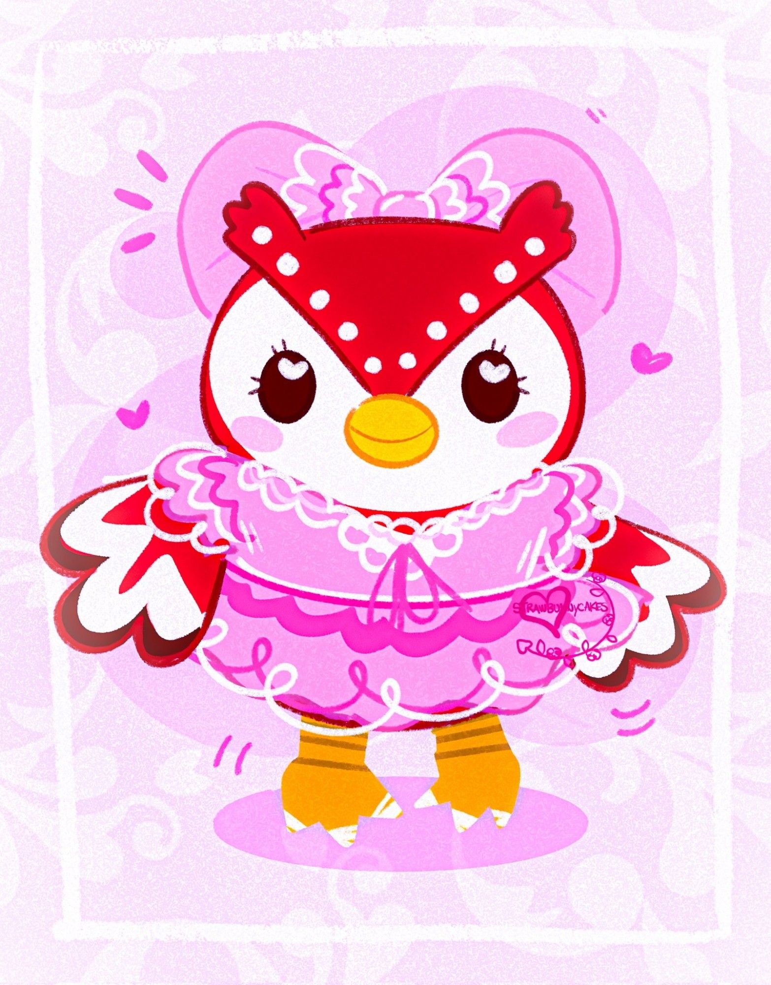 A stylized illustration of the red
bipedal owl character, Celeste, from
Animal Crossing. She's drawn wearing
a frilly pink dress and matching bow
on her head.