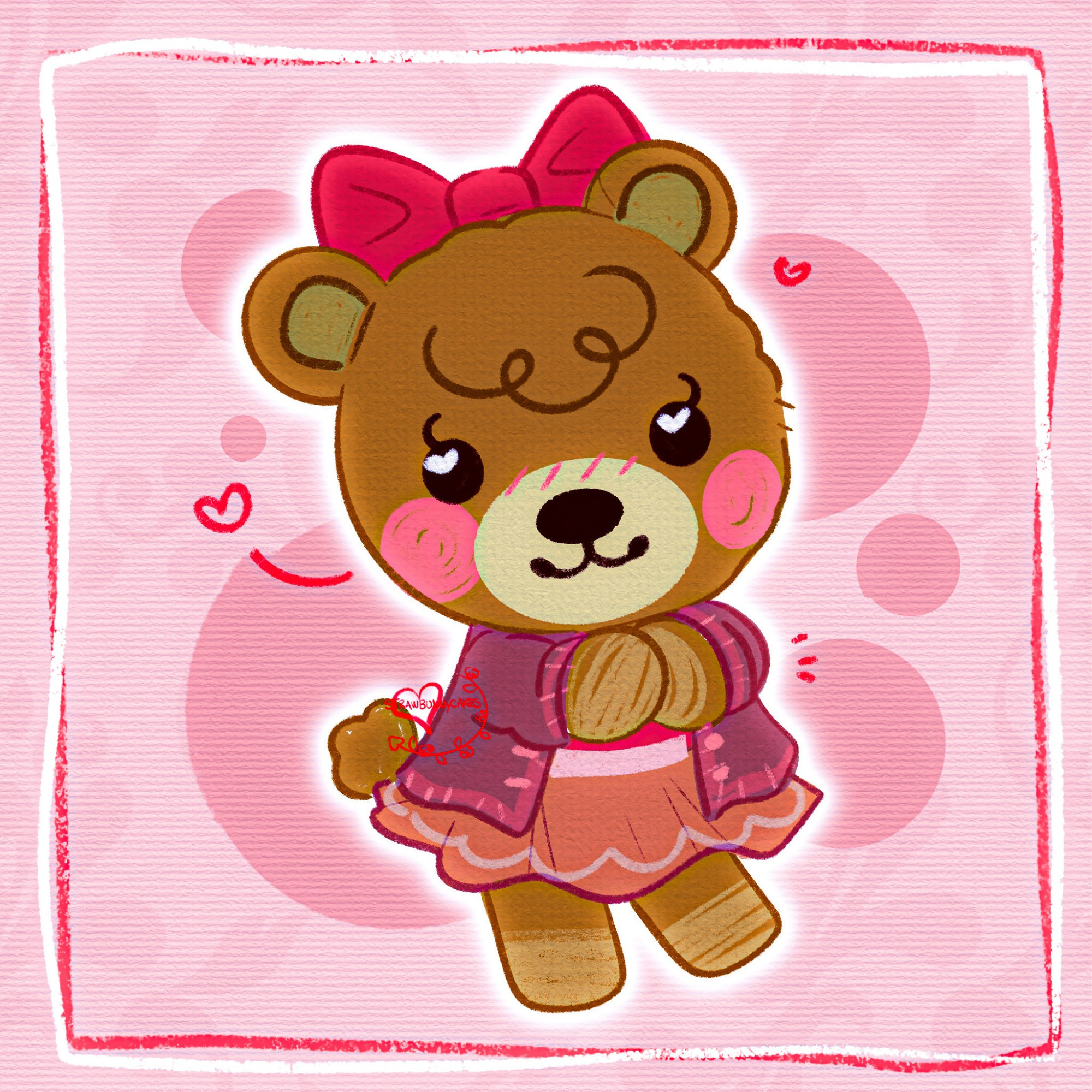 A bipedal stylized illustration of a brown bear cub character from Animal Crossing, Maple. The bear is wearing a dark pink cardigan with a muted orange skirt and magenta top and matching bow on the back of her head.