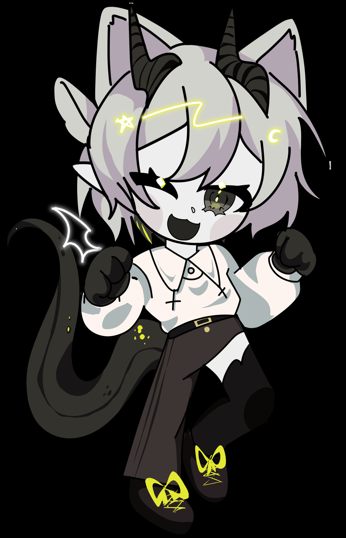 chibi character with white hair, wolf, lamb, and pointed ears with black horns and a tail, wearing a sweatshirt with cross motifs at the collar, and dark-ish pants that are cut to the hip on the left side, in addition to a thigh-length legging also on the left side, arms pulled to them with their hands closed, giving a wink to the viewer