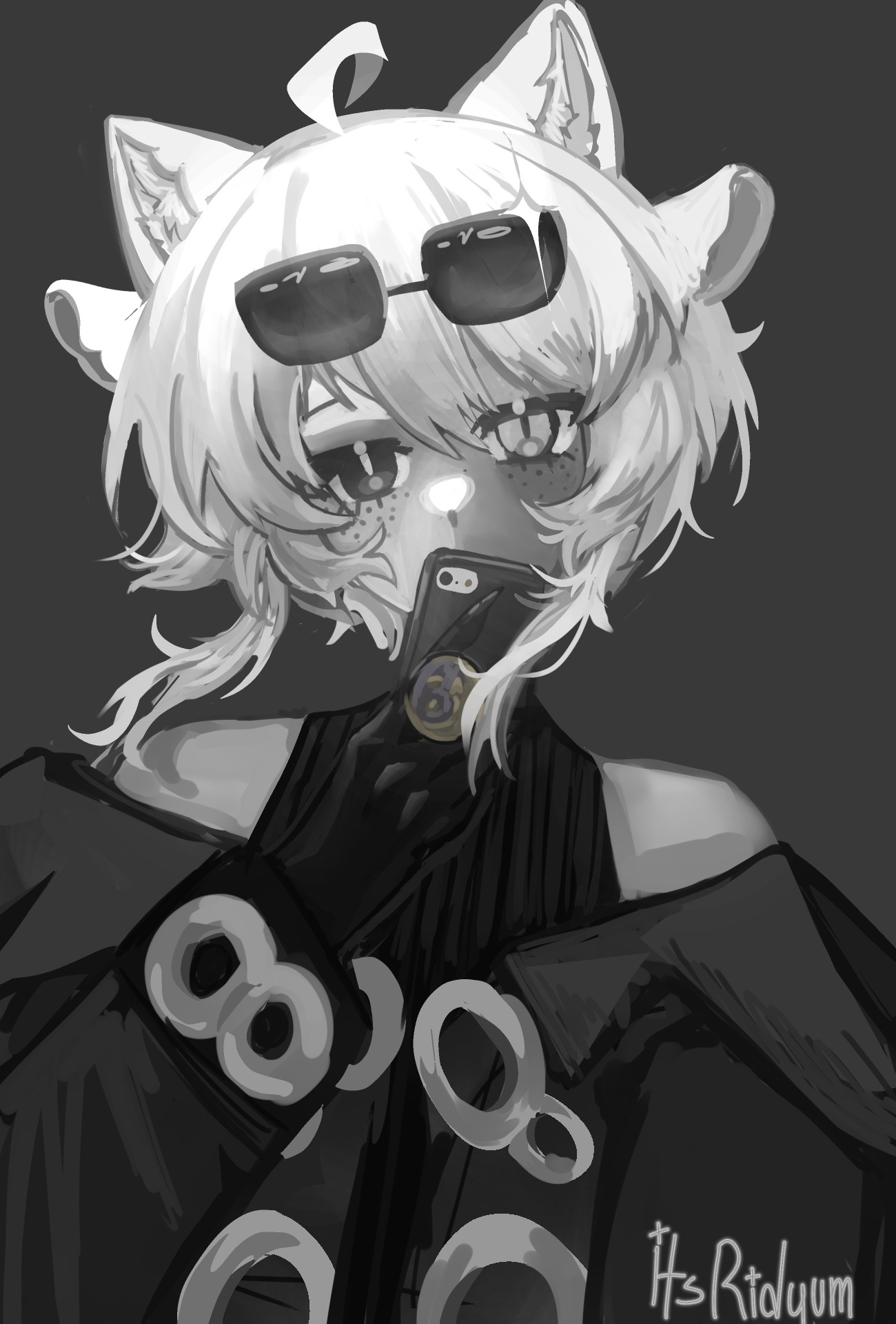 a pseudo monochromatic image of a white-haired character with wolf and lamb ears and black sunglasses, with hair strands flowing in the wind. they hold a phone to their face, covering their mouth. their right eyes being heterochromatic with one dark, one light, they listlessly stare towards the viewer, but their thoughts or feelings are left ambiguous. they wear a trenchcoat that falls off their shoulders, and an many silvery ring ornaments are featured on the article.  the background is dark, with the implication of a light overhead.