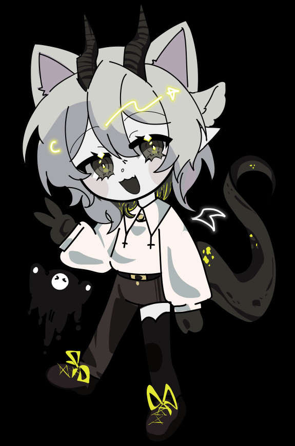 chibi character with white hair, wolf, lamb, and pointed ears with black horns and a tail, wearing a sweatshirt with cross motifs at the collar, and dark-ish pants that are cut to the hip on the left side, in addition to a thigh-length legging also on the left side, smiling and giving a peace sign 