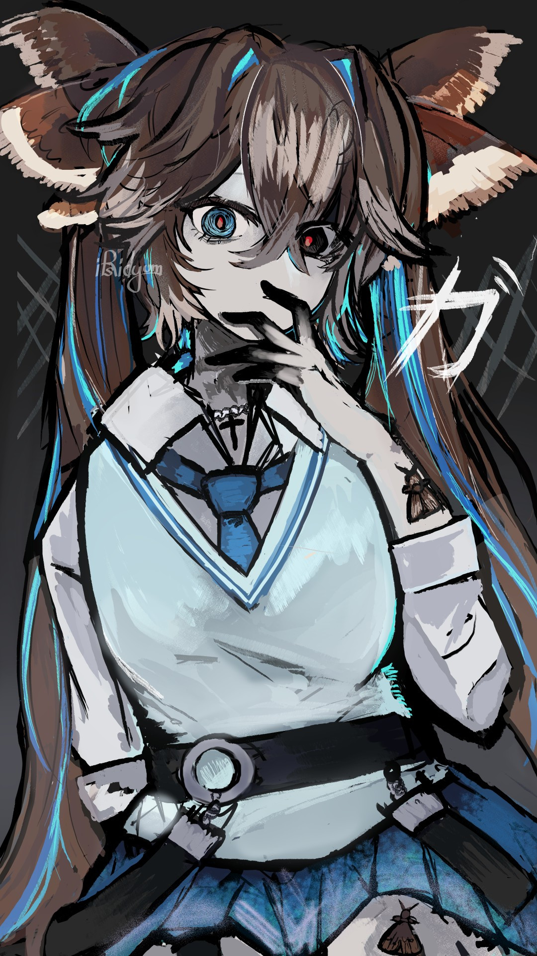 Character from the pv for the song Ga (moth) a song produced by utsu-p featuring hatsune miku. a brunette with neon blue highlights and tan markings in her hair, wearing what appears to be a school uniform with a light blue vest and a blue tie and skirt, with moths on her person, as well as moth wings protruding from her twintails. The character is holding her left hand to her face, as if in judgement or a scowl, intended to be ambiguous in emotion. Her fingertips are darkened inexplicably. Her pupils, one being blue like the highlights in her hair, and the other black, both feature red pupils, making her gaze feel all the more twisted.