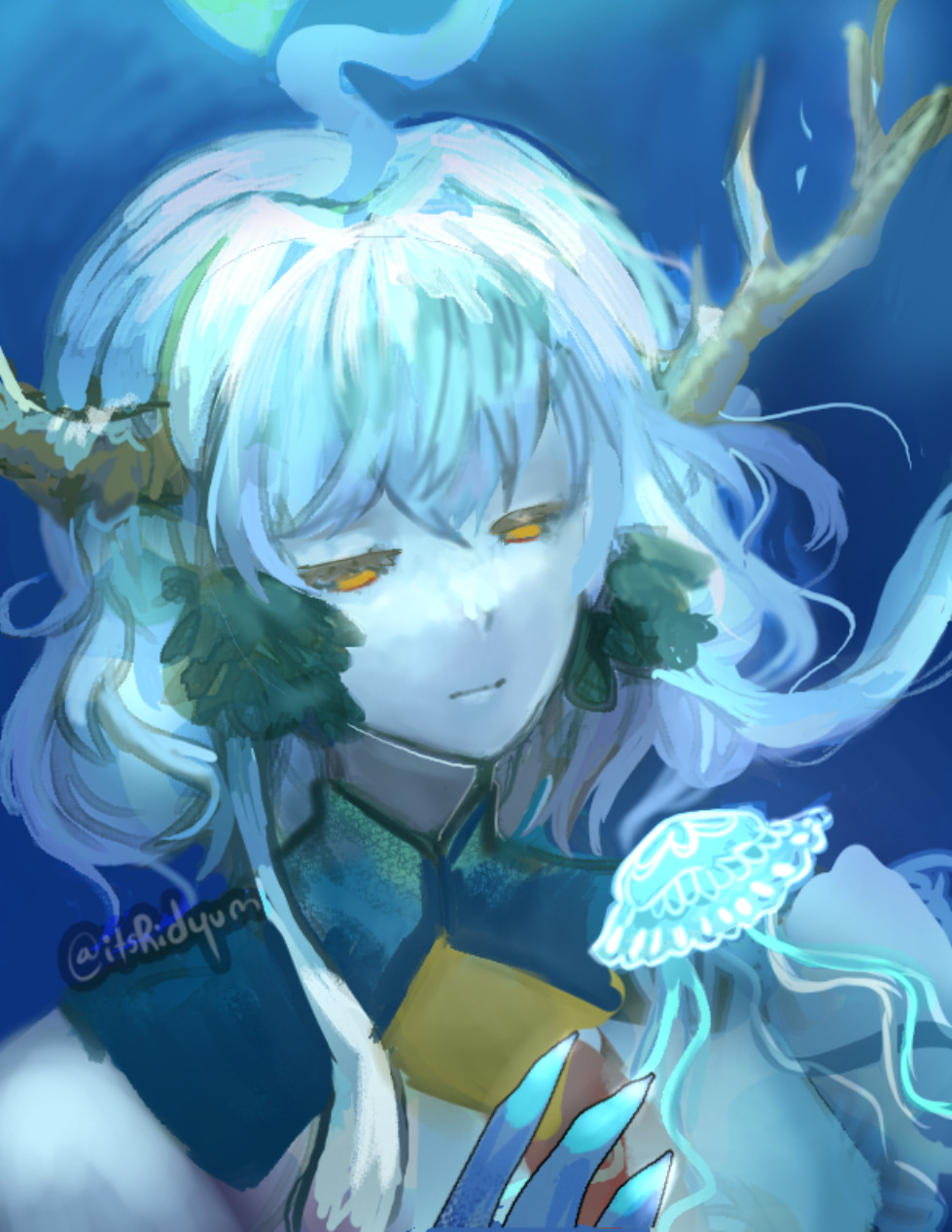 the character Si Long from the shadowverse tcg game (a white-haired,  orange-eyed woman with eastern dragon style horns and outfit motif) in a vacant undersea scene, observing a luminescent white and blue jellyfish, as one of the few remaining lifeforms in her world's drowned timeline.