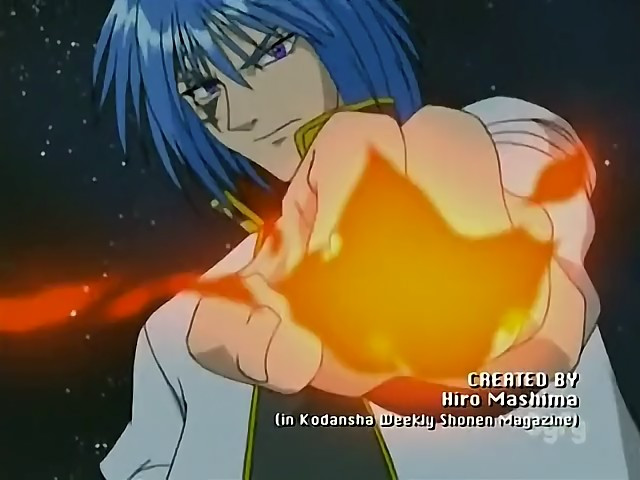 in the opening credits of the anime Rave Master, you see this dude Sieghart Caeser who looks identical to Jellal Fernandes, Siegrain, and Mystogan from the anime Fairy Tail, with blue hair and a tattoo above and below his right eye, he is conjuring flames and looks really cool

but the more relevant part to this post is the credits on the screen are in the font Chicago (and are in the lower right part of the screen)

they say the following:

CREATED BY
Hiro Mashima
(in Kodansha Weekly Shonen Magazine)

but still check out how Sieghart looks identical to Jellal, holy shit! almost like the manga artist Hiro Mashima who made Rave Master, Fairy Tale, and Edens Zero reuses the same character designs in different manga and anime

but also the Chicago font looks cool too! this whole image looks cool! except it is low resolution and blurry, from standard definition TV sadly