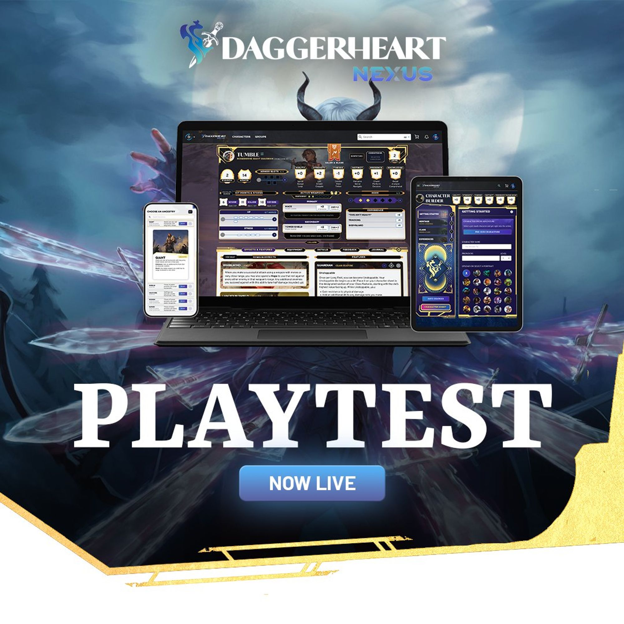 A laptop, phone, and tablet are all shown using Daggerheart NEXUS. The phone looks at the giant ancestry, the laptop shows a Guardian character sheet, and the tablet is in the character builder. Text reads: Daggerheart NEXUS playtest now live.