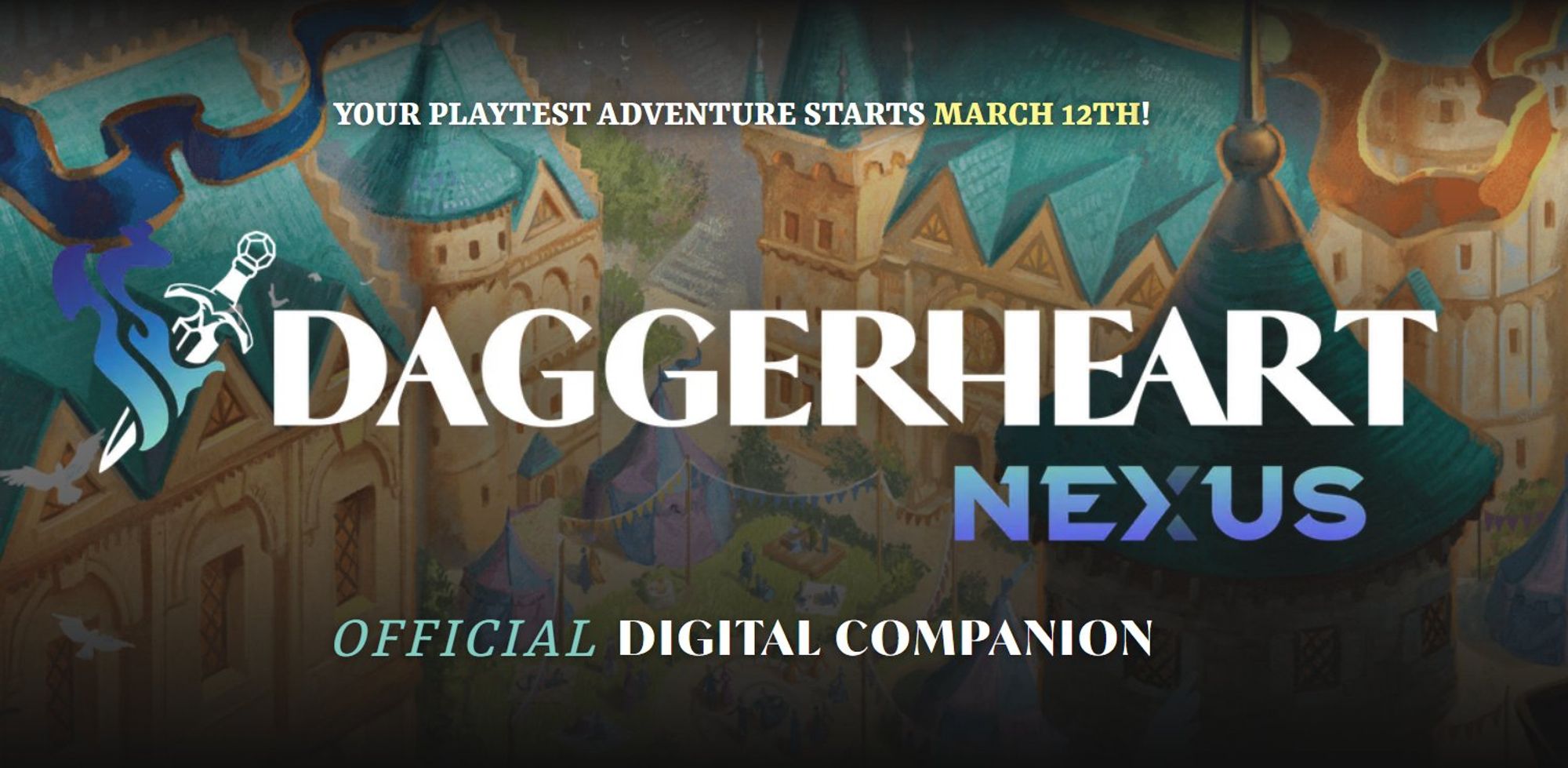 Screen from the Daggerheart NEXUS homepage with the text "Your Playtest Adventure Starts March 12th" and "Official Digital Companion"