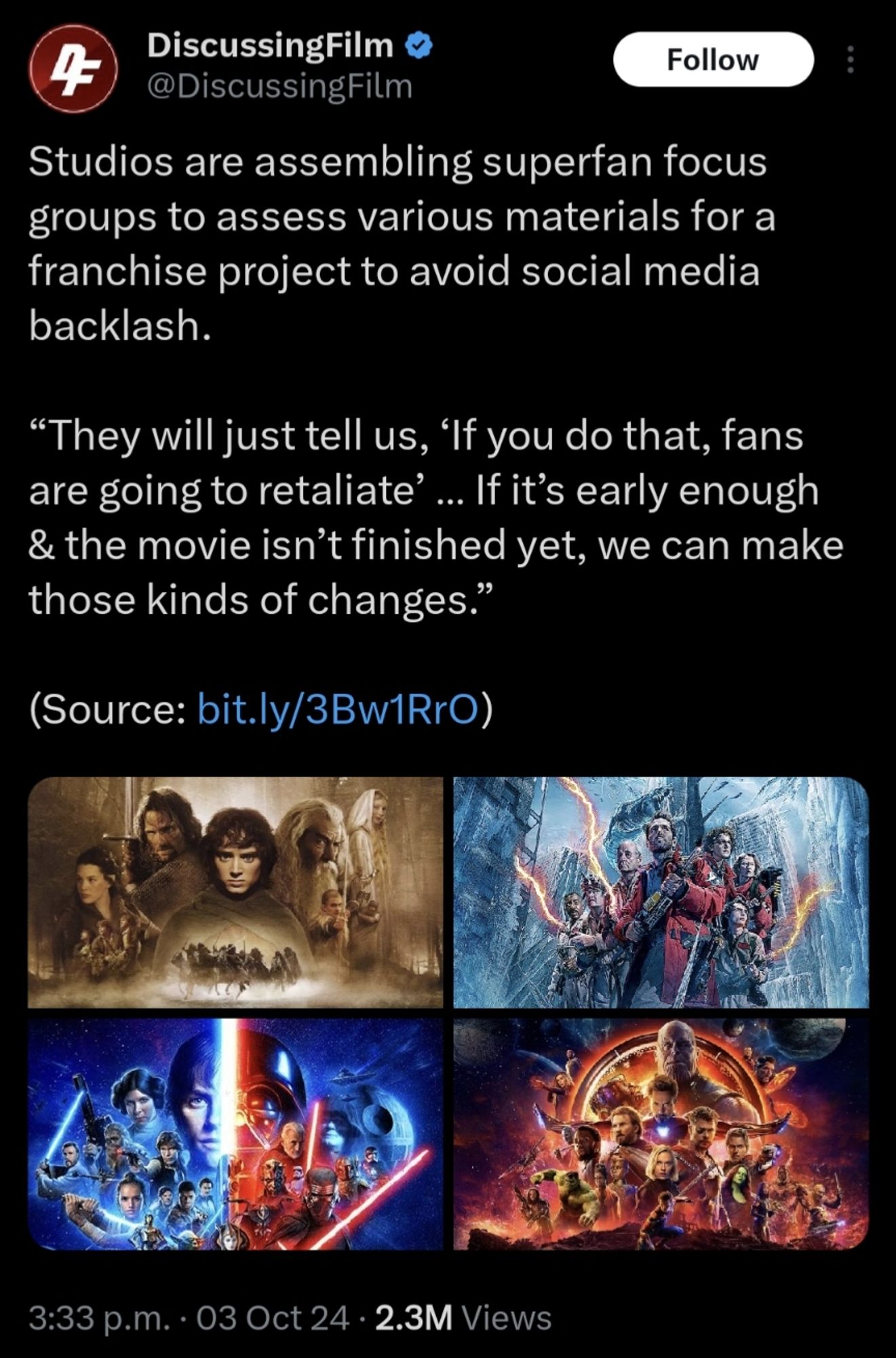 A tweet from Discussing film saying: Studios are assembling superfan focus groups to assess various materials for a franchise project to avoid social media backlash.

“They will just tell us, ‘If you do that, fans are going to retaliate’ … If it’s early enough & the movie isn’t finished yet, we can make those kinds of changes.”