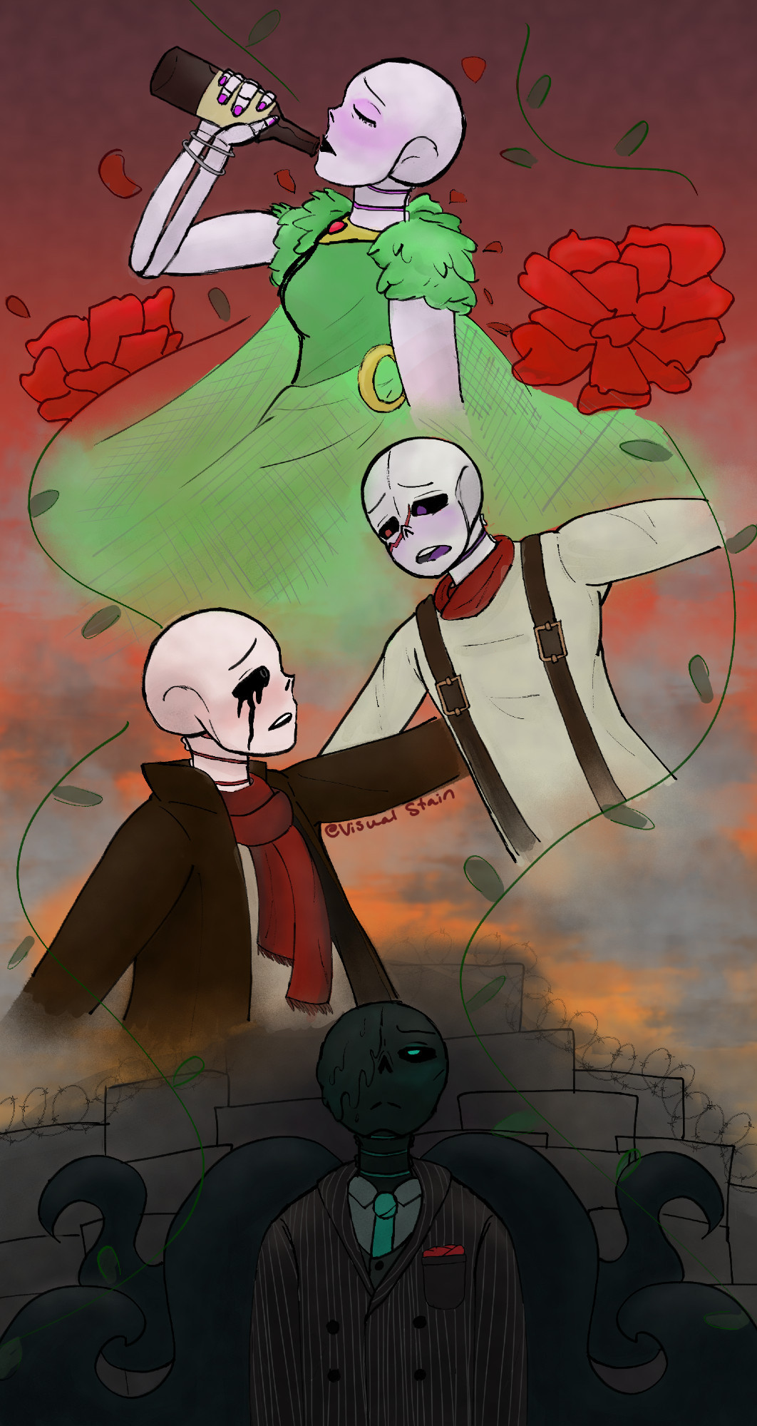 Lust Sans is facing the left, wearing a green dress. He holds a bottle of wine to his lips. Next to him are carnations, with their stems trailing down. At the bottom is Nightmare Sans, in a coal striped suit, looking up. Behind him is a mess of stone and barbed wire. In between them is Killer Sans (bottom left) and Cross Sans (upper right), arms stretched out to each other but not meeting. Killer Sans has a brown jacket and a red scarf, Cross Sans has a cream shirt with brown belt suspenders and a red kerchief. All are sad.