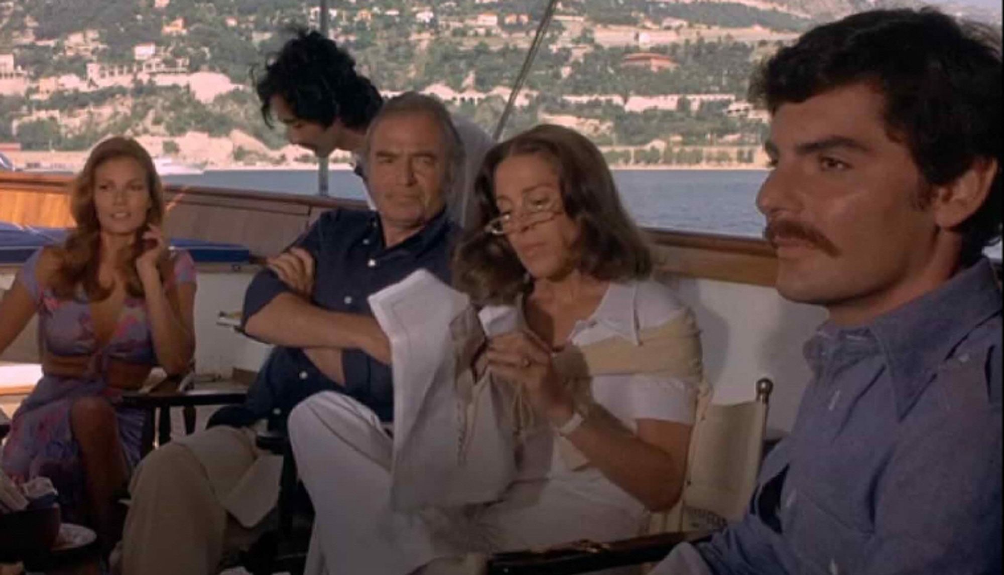 Raquel Welch, a random guy, James Mason, Joan Hackett, and Richard Benjamin and his glorious 1973 mustache in THE LAST OF SHEILA