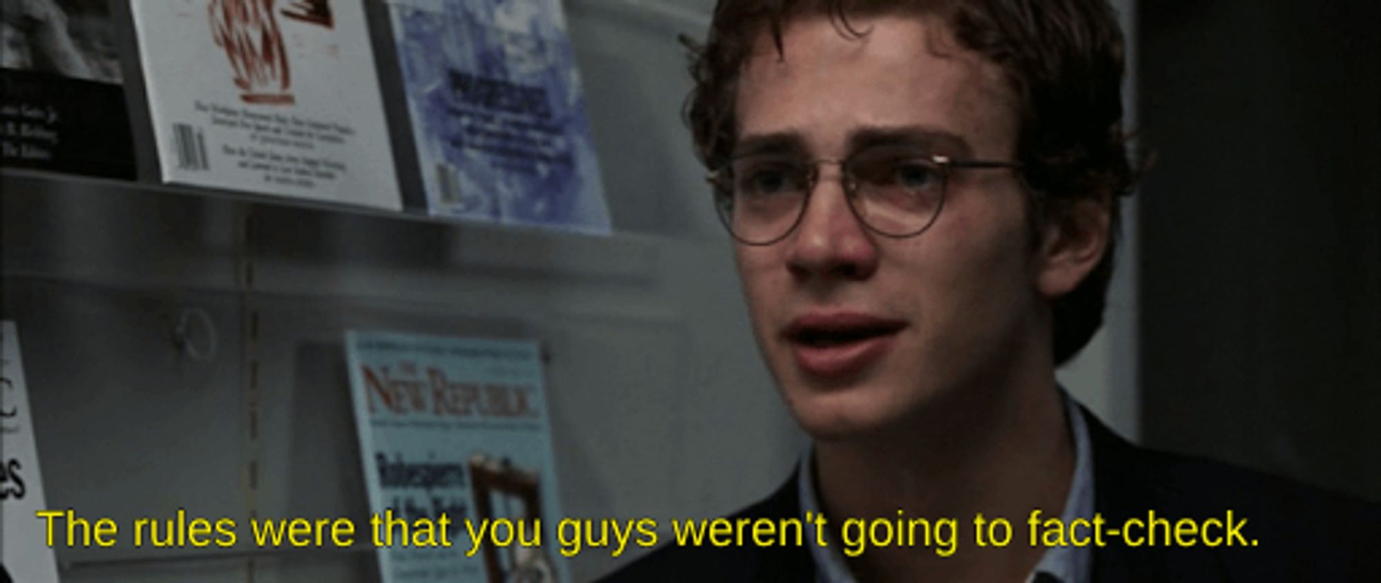 Hayden Christensen as Stephen Glass in the movie SHATTERED GLASS. It's really good. (The director, Billy Ray, also did BREACH with Chris Cooper and Ryan Phillippe, and that's good, too.) The caption is one the complaints JD Vance made in the VP debate. Stephen Glass was a serial plagiarist who was undone by fact-checking. You get it.