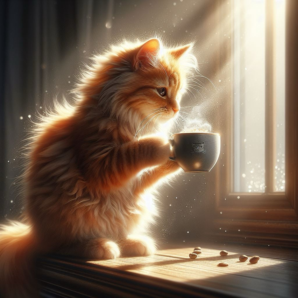 Chat qui boit son café du matin.