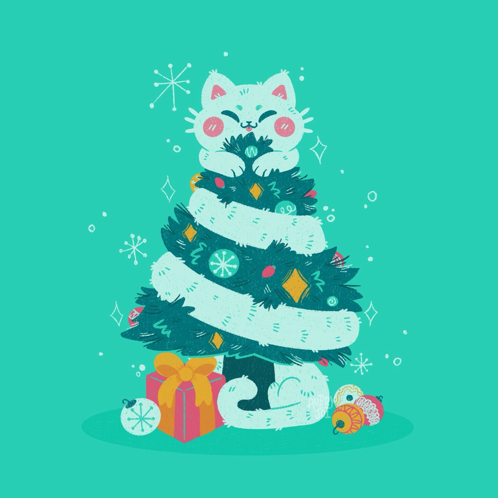 An illustration in the style of a colored pencil drawing. It’s a Christmas tree wrapped up in a long what cat, mimicking garland. The cat’s face and paws rest at the top like the star on a tree. It’s got a happy face with a blepping tongue. Its back end is at the tree trunk, surrounded by a few ornaments & a gift. There are other ornaments, lights, & sparkles on the tree. The entire illustration is colored in a palette of teals, pinks, & golds.