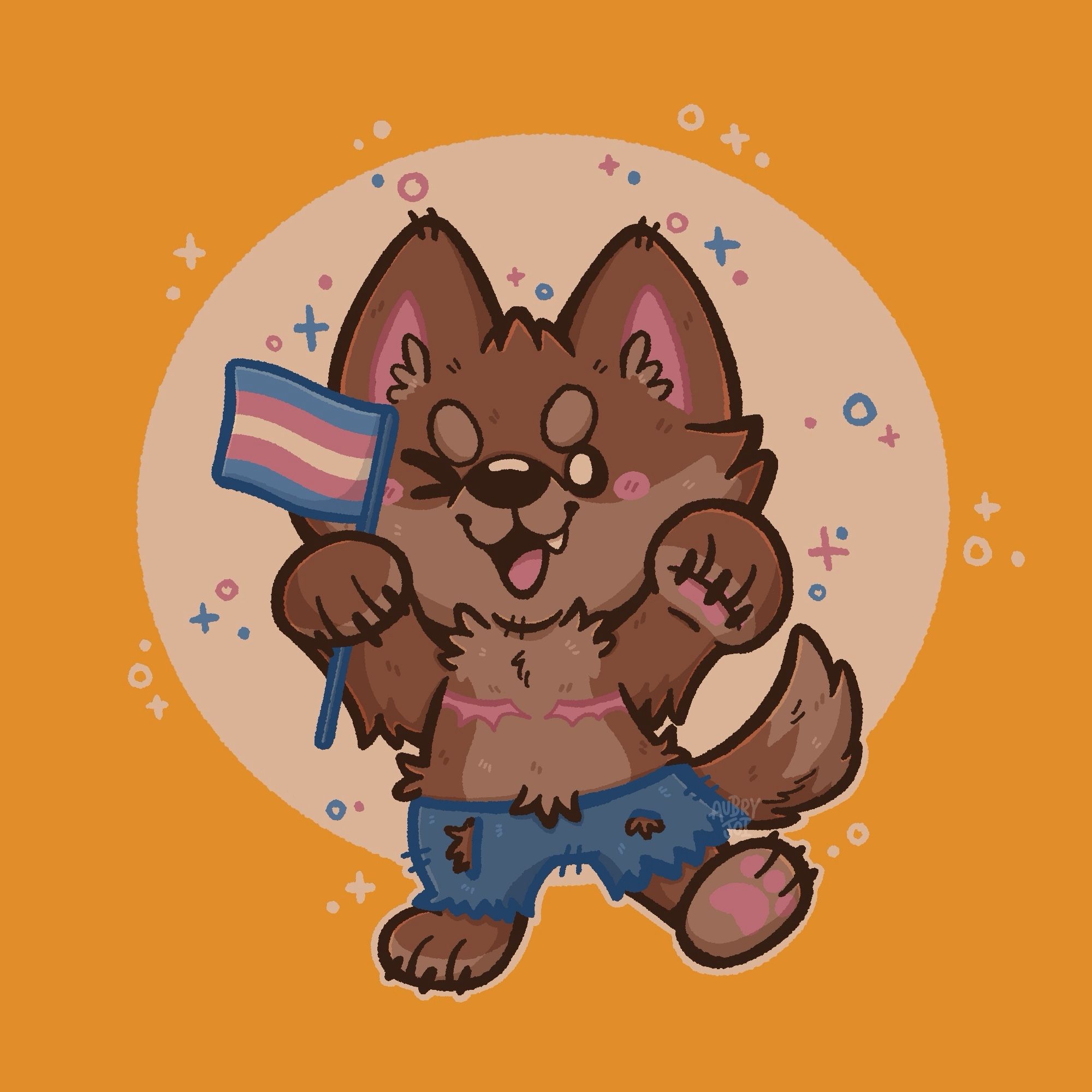 A cute brown werewolf standing on one hind paw, with their front paws raised to their face. In one they are holding a trans flag. The werewolf is winking and its mouth is open in a smile, one snaggletooth showing. They are wearing tattered blue shorts and have top surgery scars. Behind the werewolf is a moon, with pink & blue sparkles over it. The whole background is orange.