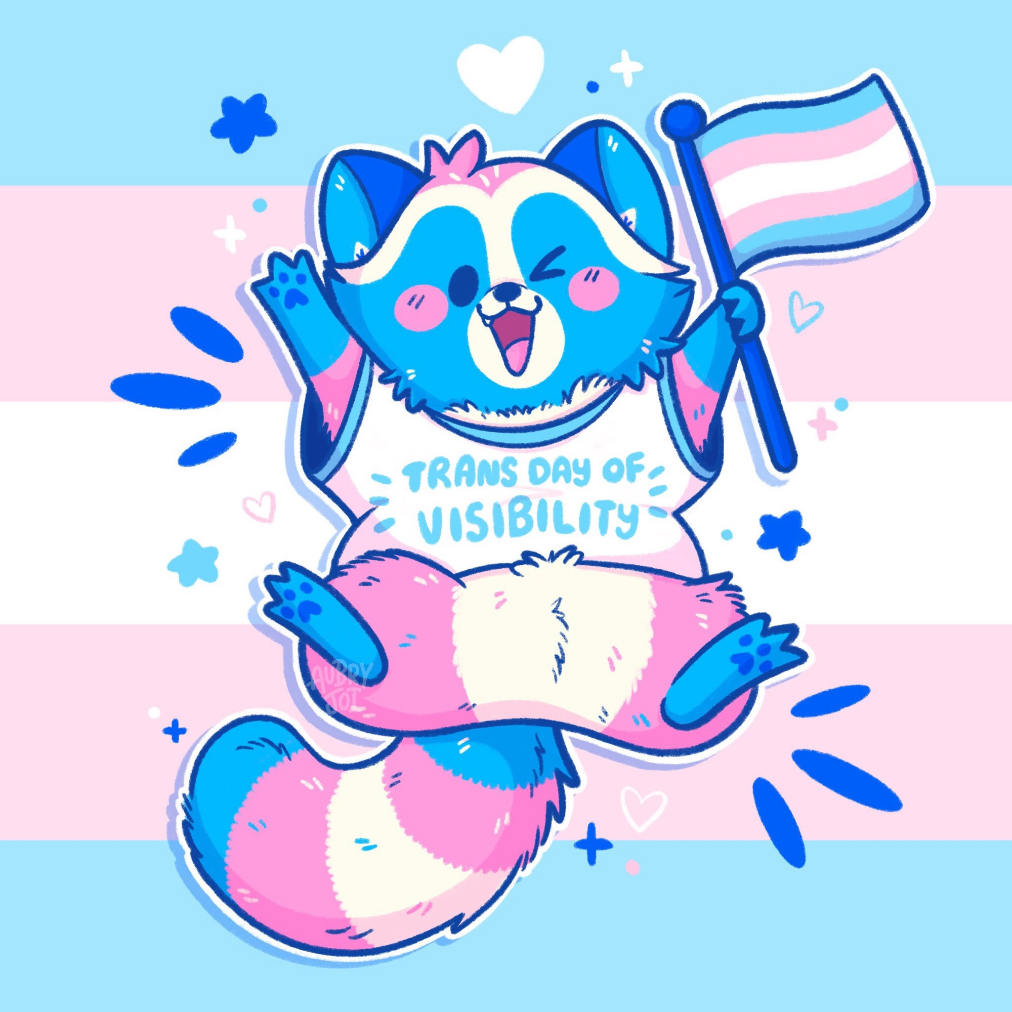 A drawing of Egg the Trans Raccoon (a pink, blue & white raccoon with a trans flag colored striped tail) leaping up happily. They are wearing a tee shirt that says “trans day of visibility” on it. In their paw is a trans flag. The background is also a trans flag, with colorful sparkles around them. They are winking, smiling with an open mouth, and look proud and happy.